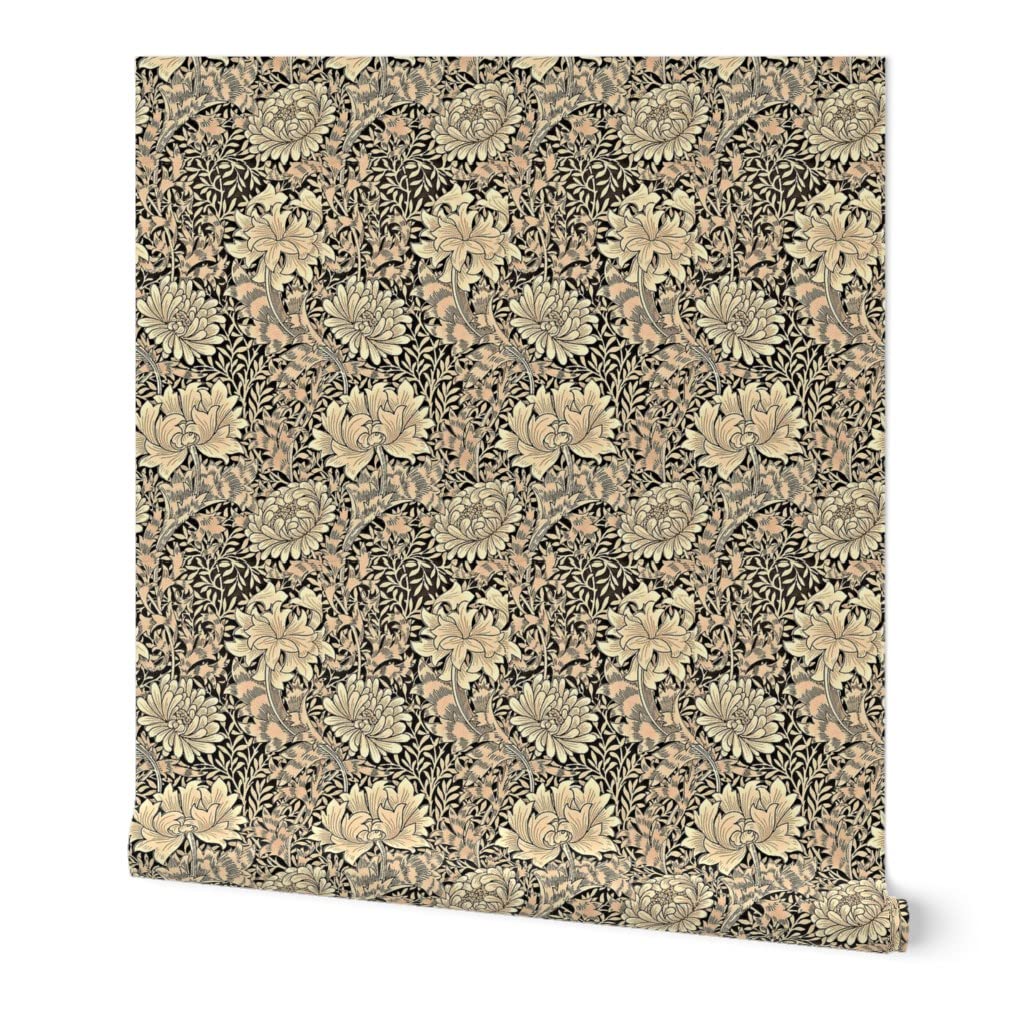 Peel & Stick Wallpaper 9ft x 2ft - Wood Brown Floral Beige Daisy Nouveau Chrysanthemum Pattern | Removable Self-Adhesive Wallpaper for Bedroom, Living Room & Nursery Decor | Easy DIY Home Improvement
