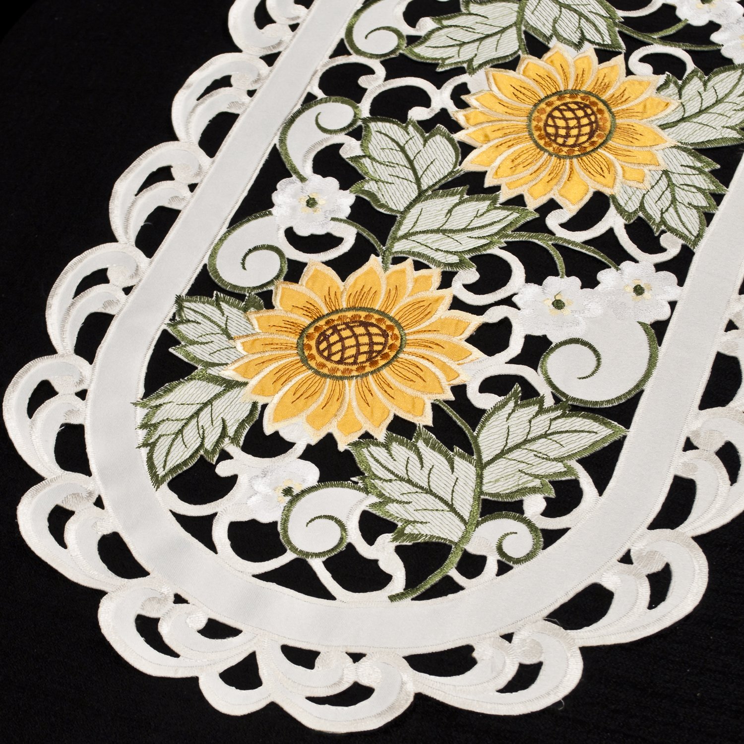 Embroidered Open Weave Sunflower and White Daisy Ivory Table Runner - 14x27 Inch Dresser Scarf, Coffee Table Doily for Dining Room Decor, Farmhouse Table Setting, Wedding Centerpiece
