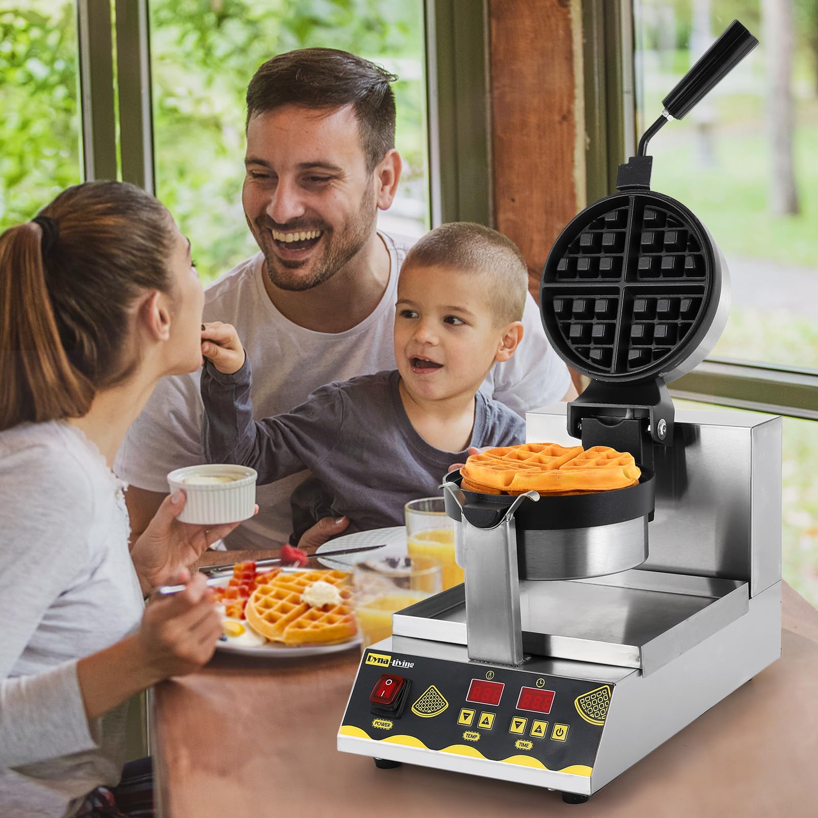 **Dyna-Living Professional 180° Rotating Belgian Waffle Maker - Commercial Nonstick Flip Waffle Iron Machine, 1200W 110V for Restaurants, Cafes & Breakfast - Perfect for Home, Hotels, and Events**