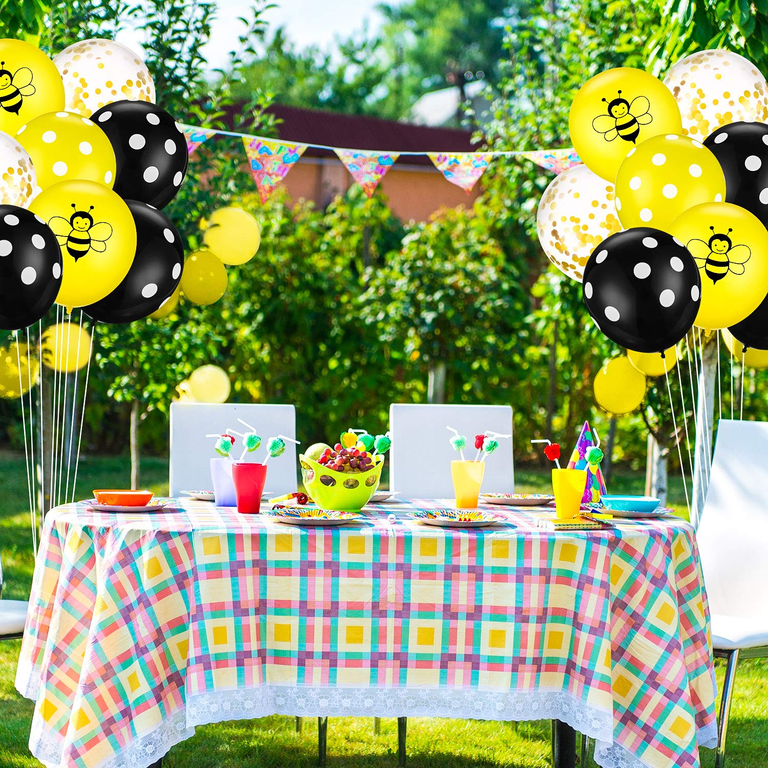 48-Piece Happy Bee Day Balloons Set - Gold Confetti & Polka Dot Latex Balloons with Bee Print for Baby Showers, Birthday Parties, Nursery Decor & Bee-Themed Celebrations