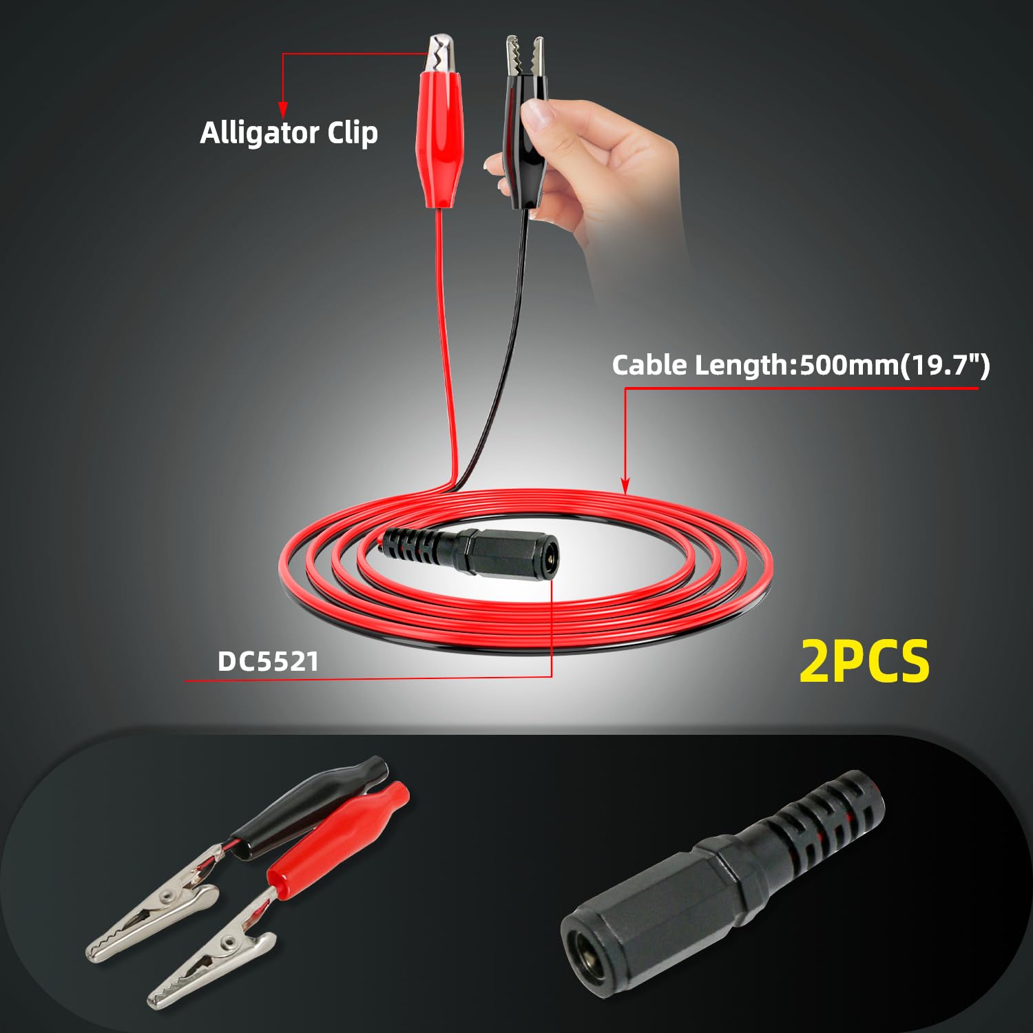 2 Pack 24V/12V 5A DC Power Adapter Cable with Female DC5521 (2.1x5.5mm) Connector & Alligator Clips - for CCTV Security Cameras, LED Lighting & Electronics - Black