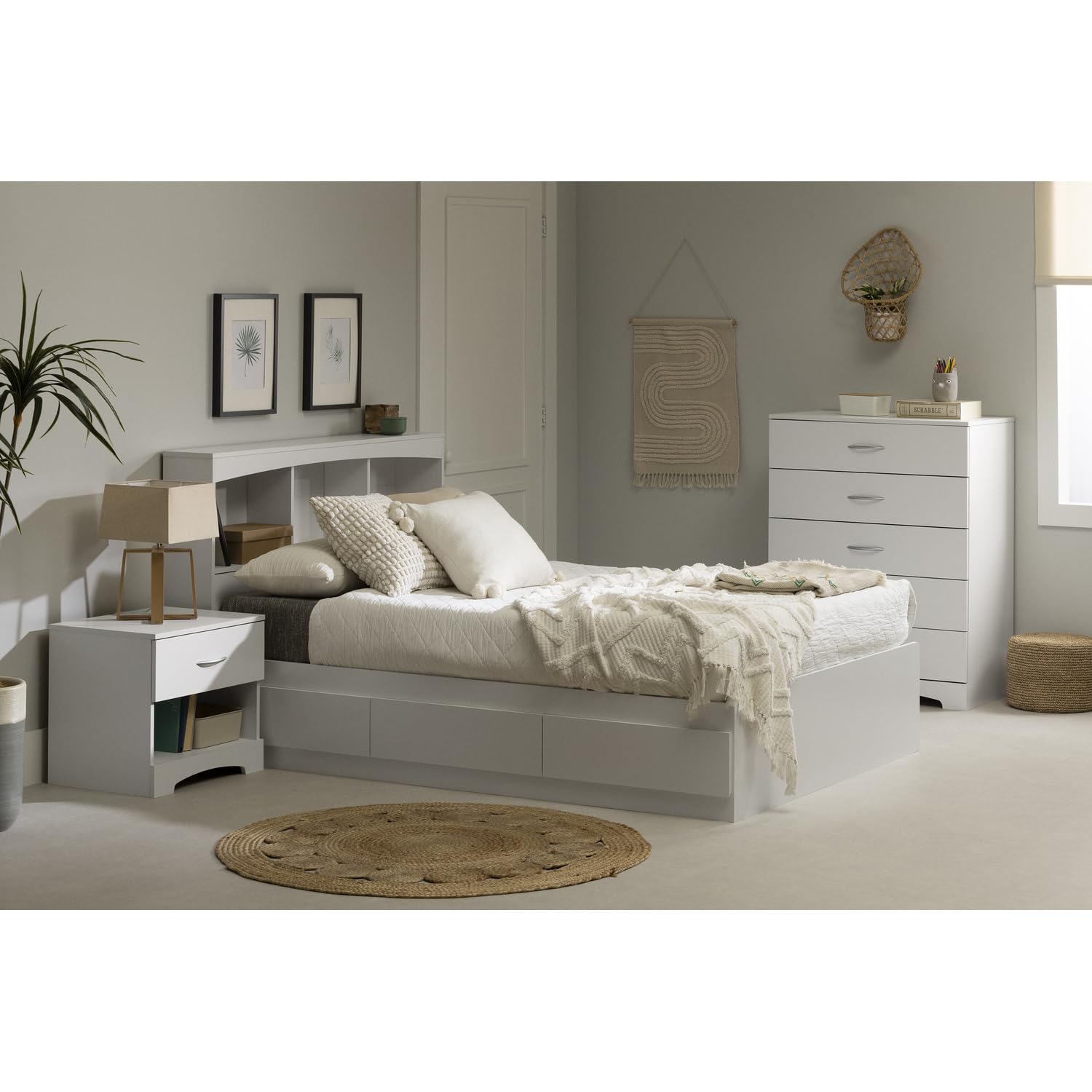 South Shore Step One Bookcase Headboard - Full Size, Pure White - Space-Saving Storage Bed with Built-In Bookshelf for Small Bedrooms & Dorm Rooms