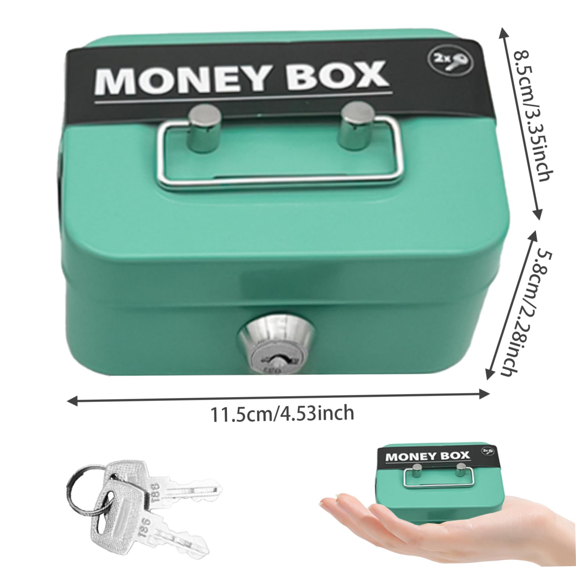 4.5 Inch Lockable Iron Cash Box with 2 Keys - Secure Money Storage with Coin Slot | Durable Petty Cash Tin for Home, Office & Travel | Perfect Gift for Kids & Adults (Green)