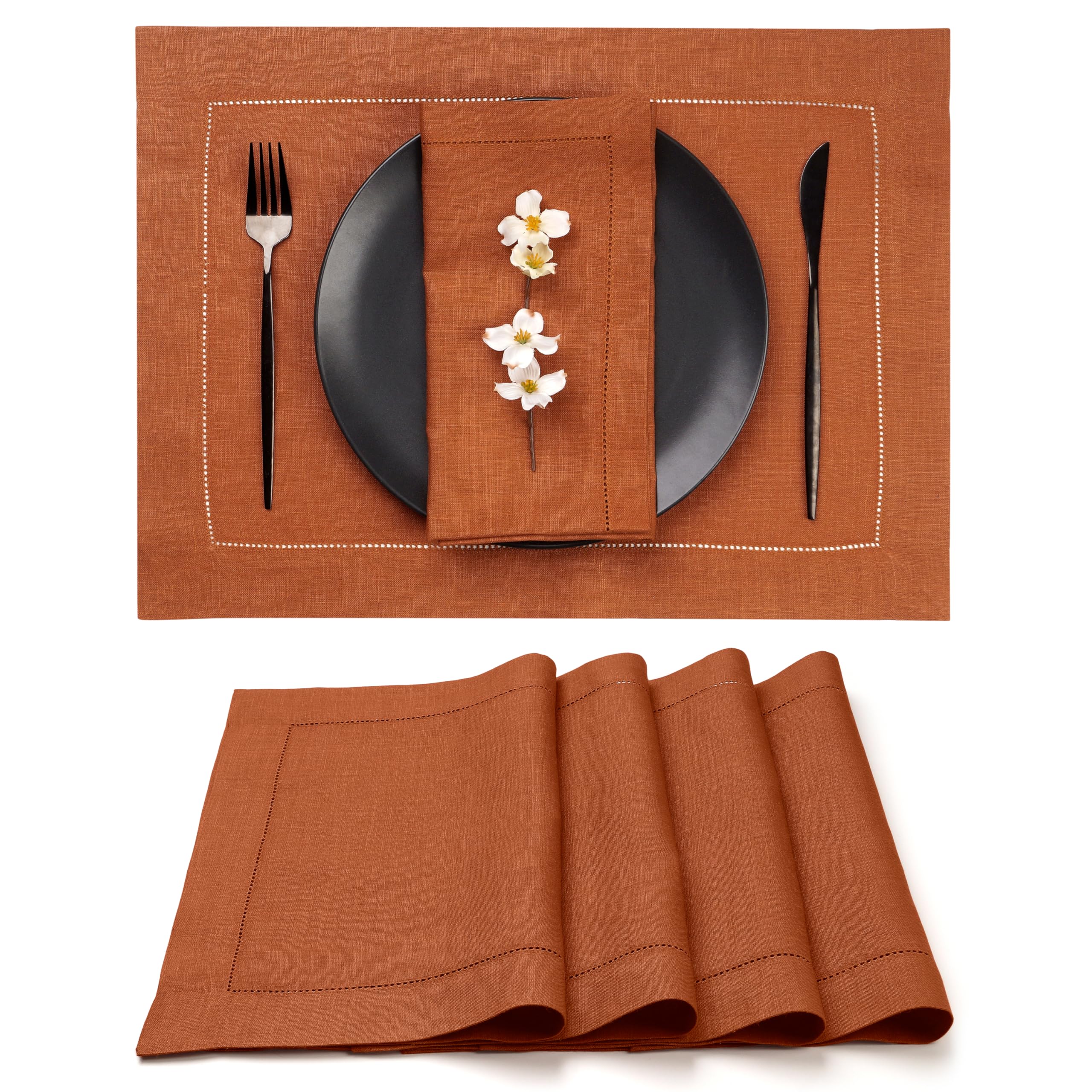 D'Moksha Homes 100% Pure Linen Placemats Set of 4 - 14x19 Inch Rust Colored Table Mats with Classic Hemstitch, Washable & Durable - Perfect for Easter, Thanksgiving, Dinner Parties & Home Decor