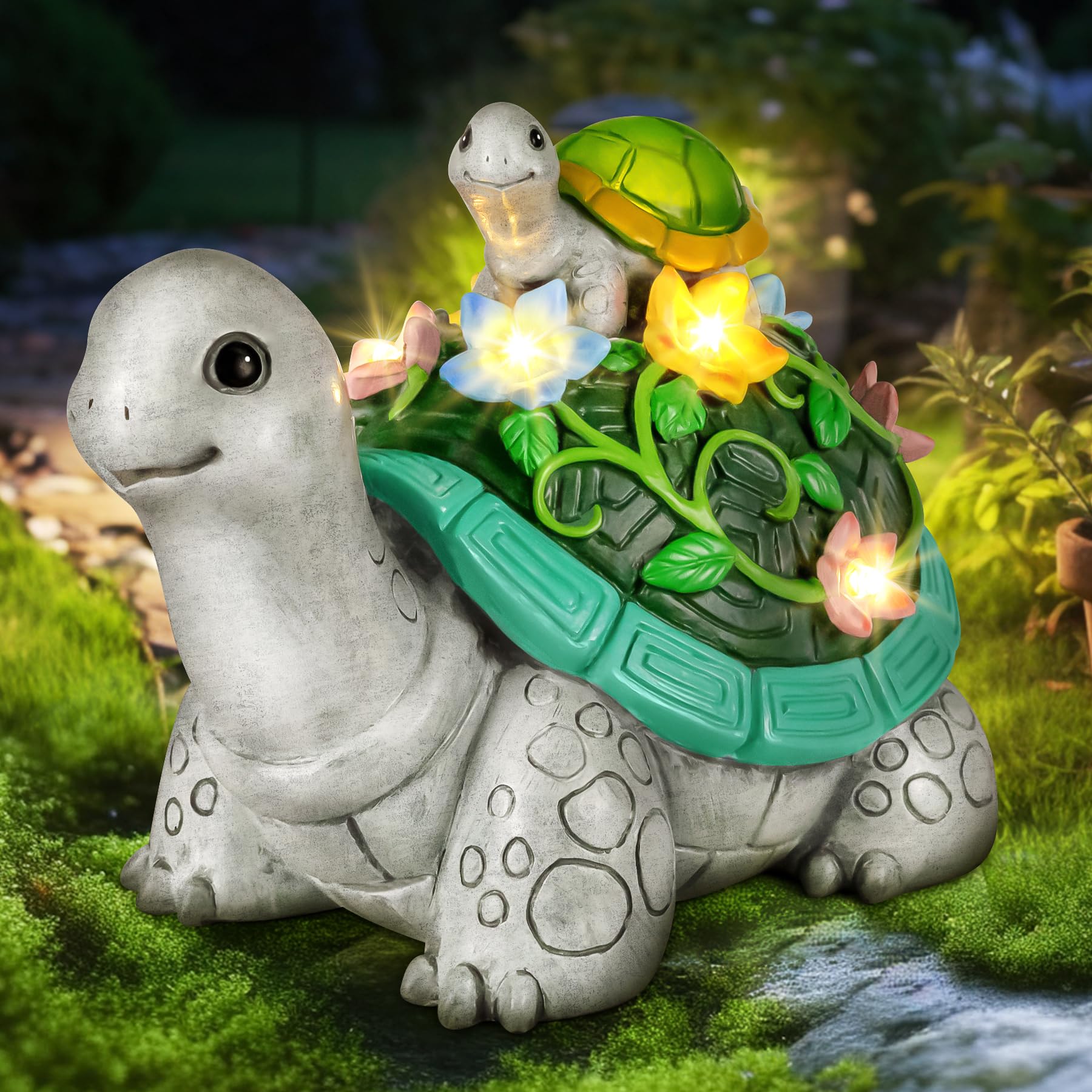 LESES Solar-Powered Turtle Garden Statue with 7 LED Lights - Cute Turtle & Baby Figurine for Outdoor Patio, Lawn & Yard Decor - Perfect Housewarming Gift for Mom & Grandma | Solar Garden Decor for Eco-Friendly Landscape Lighting