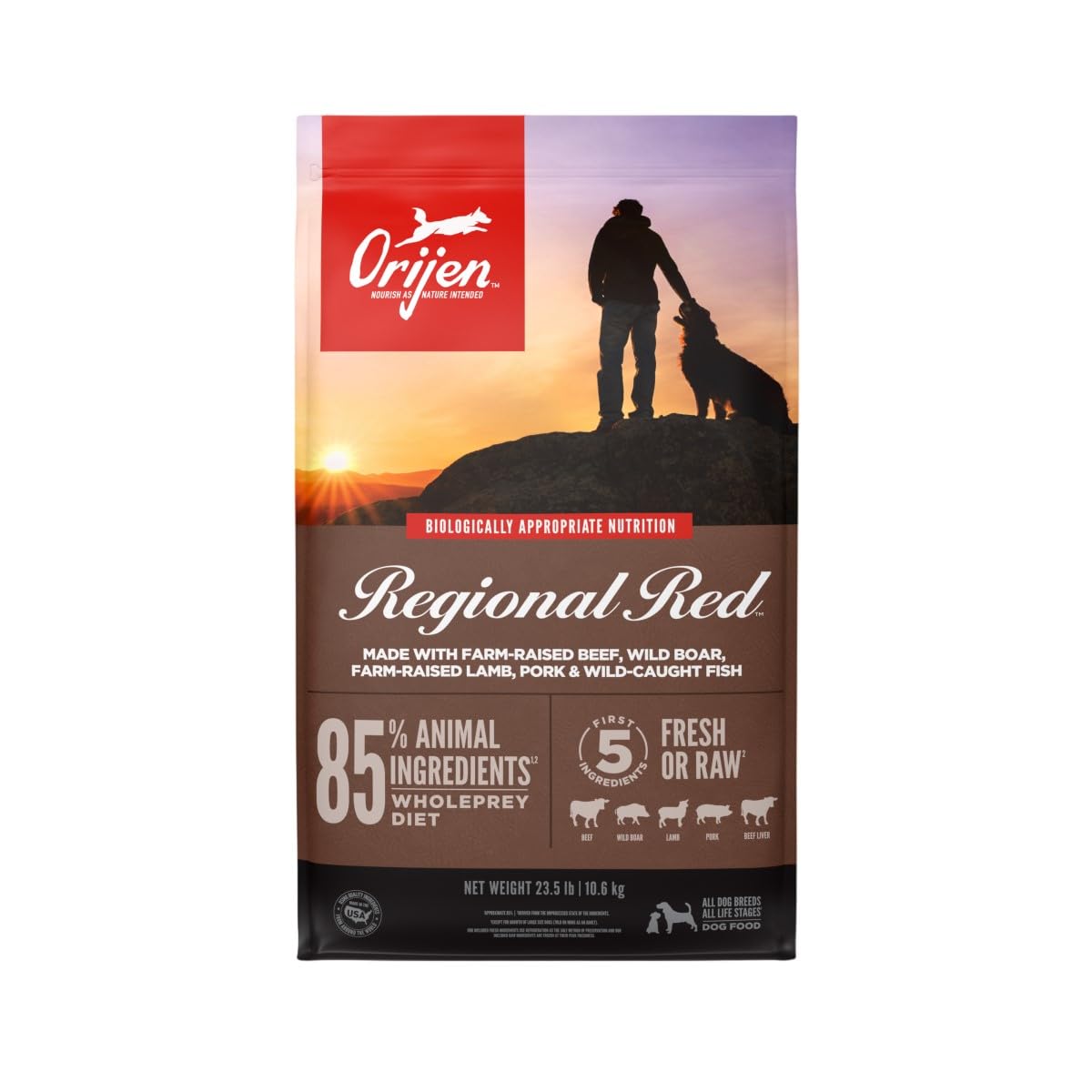 ORIJEN Regional RED Grain-Free Dry Dog Food for All Breeds - High-Protein, Poultry-Free Recipe with Fresh & Raw Ingredients - 23.5lb Bag for Active Dogs & Outdoor Adventures