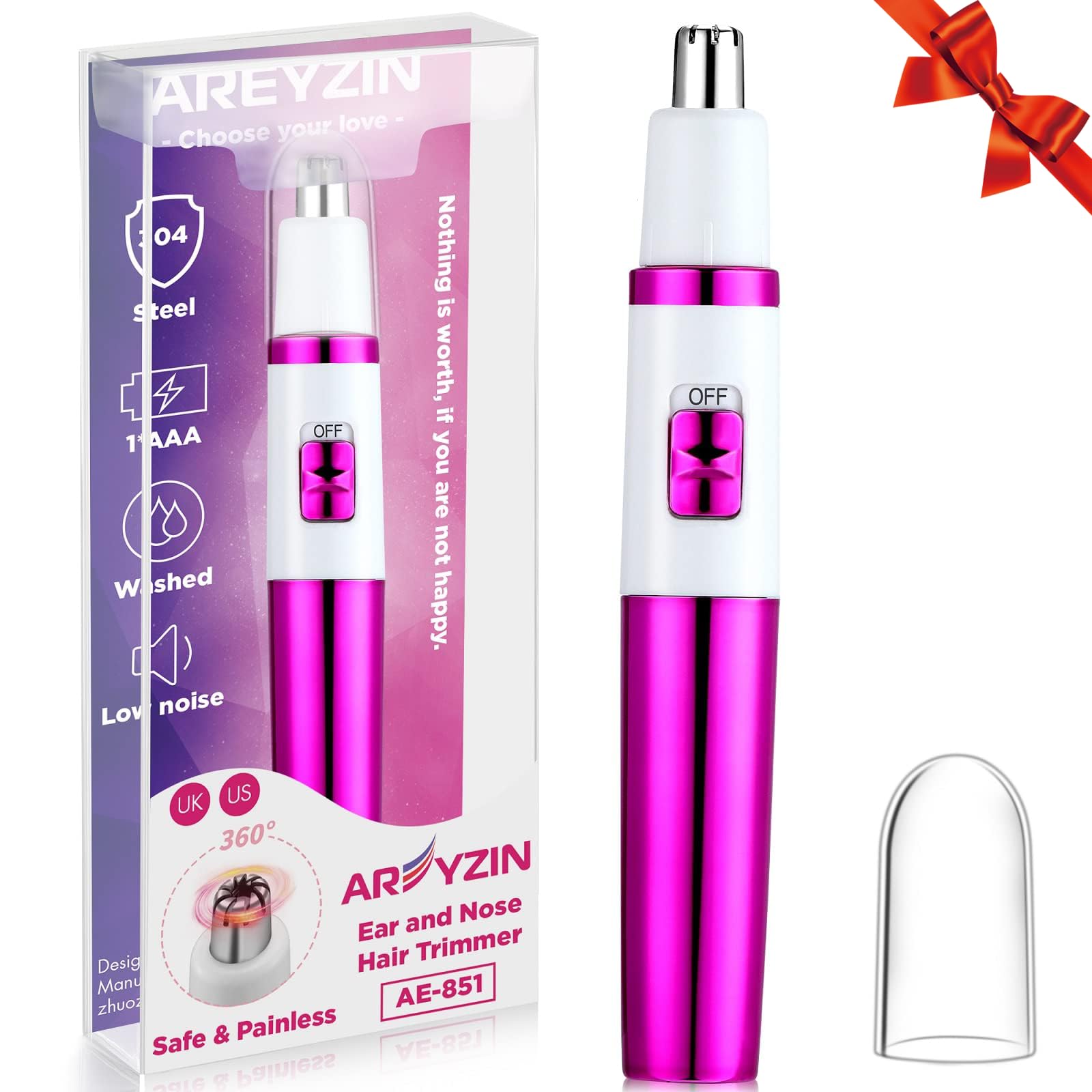 AREYZIN Painless Nose Hair Trimmer for Women & Men - Dual Edge Blade, Waterproof, Purple - Professional Eyebrow, Facial & Ear Hair Clipper for Home, Travel & Grooming Kit