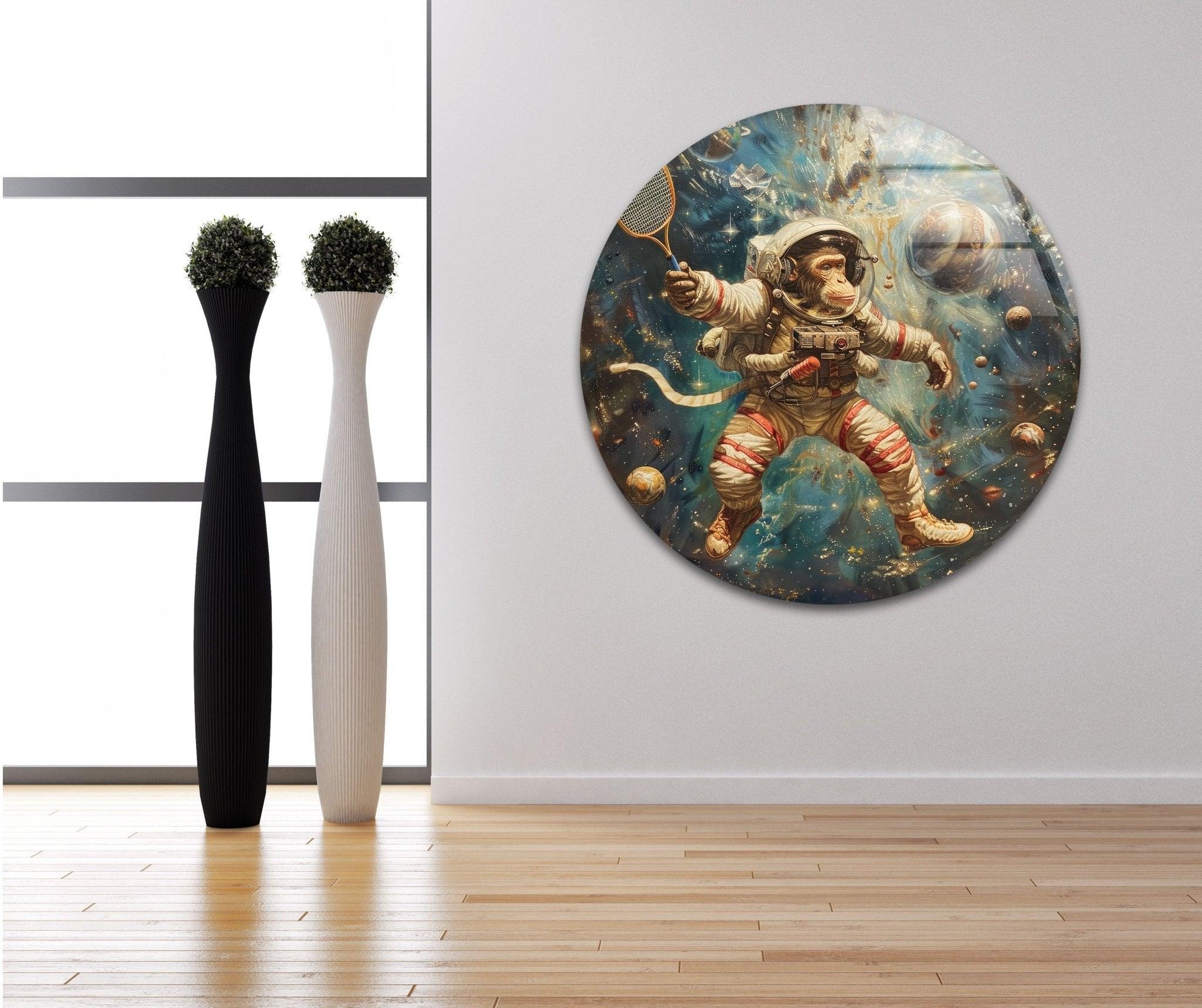Astronaut Monkey Glass Wall Art - Unique Space Themed Home Decor for Living Room, Bedroom & Office - Perfect Gift for Sci-Fi & Space Lovers