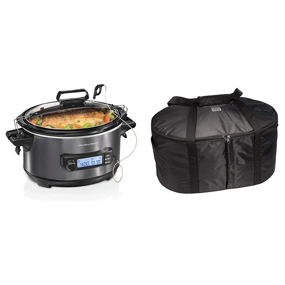 Hamilton Beach 6-Quart Digital Programmable Slow Cooker with Temperature Probe & Insulated Travel Bag - Perfect for Braising, Stews & Family Meals - Ideal for Home Cooking, Potlucks & Travel (Model 33866 & 33002) Black