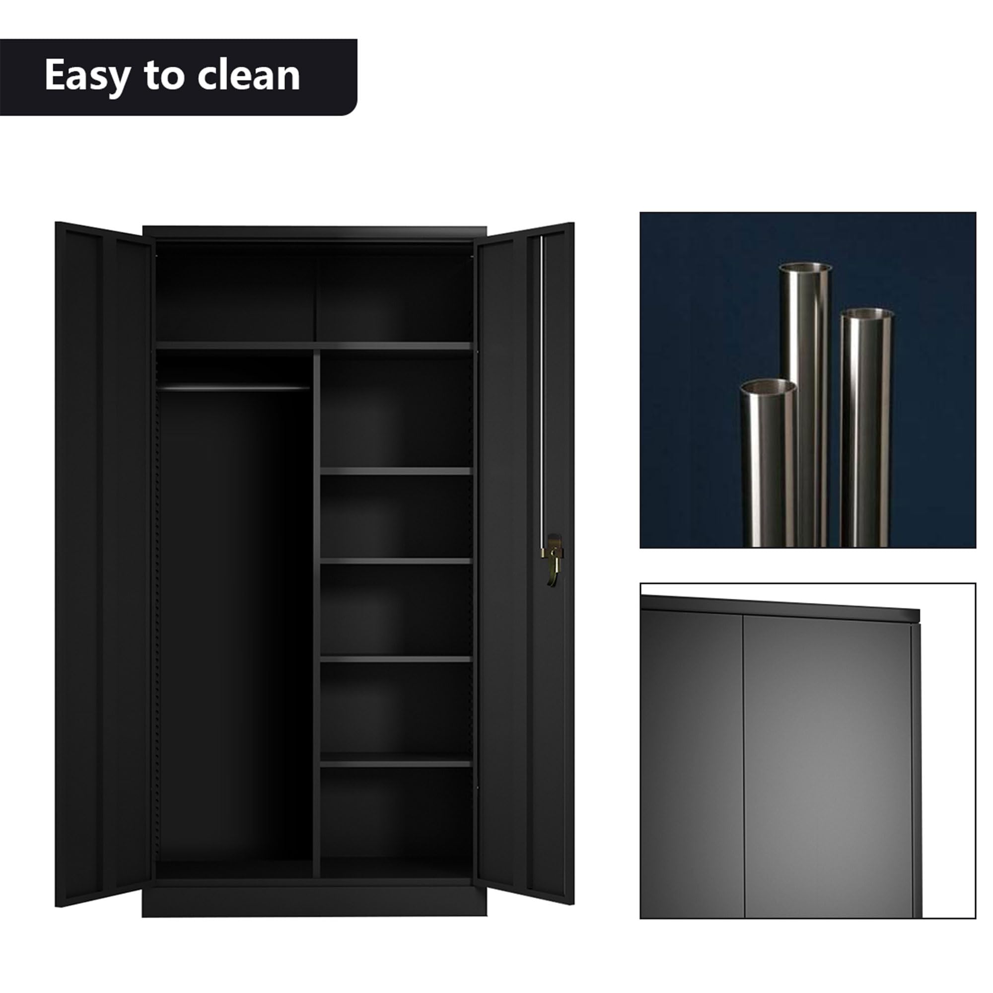 Aobabo Large Metal Wardrobe Storage Cabinet with 3 Adjustable Shelves, Hanging Rod & Lockable Doors - Perfect for Bedroom Closet, Garage Organization & Entryway Storage (Black)