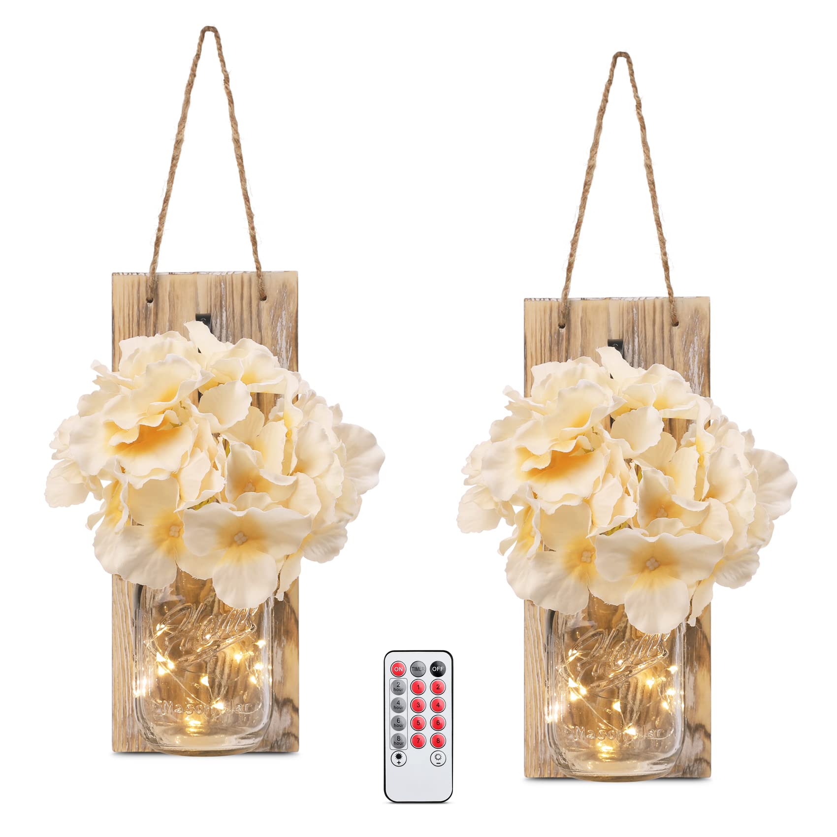 HOMKO Rustic Mason Jar Decor with 6-Hour Timer LED Fairy Lights & Artificial Flowers - Vintage Home Decor Set of 2 for Wedding Centerpieces, Farmhouse Table Decor, and Cozy Bedroom Ambiance