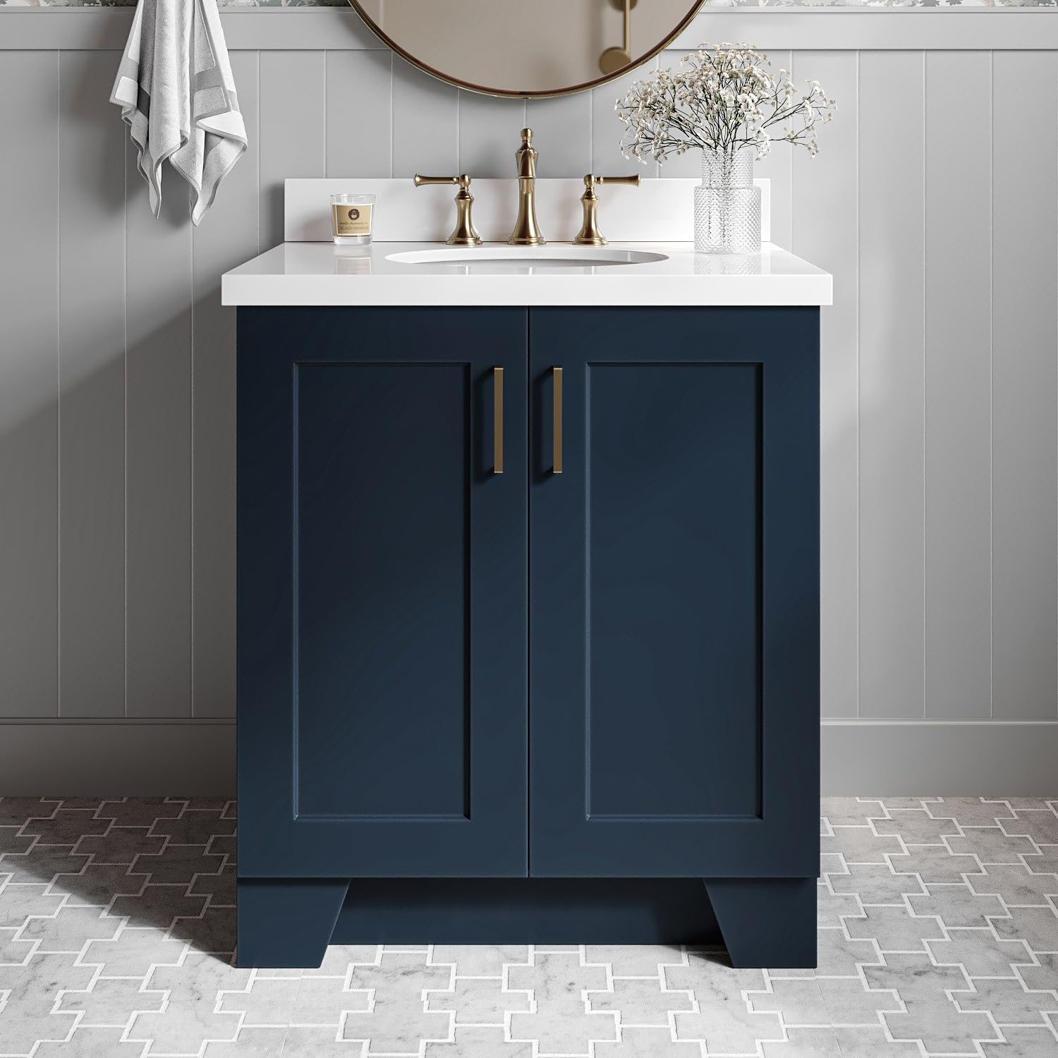 Midnight Blue Bathroom Vanity with Sink - Solid Wood Cabinet & Quartz Top for Modern Bathrooms