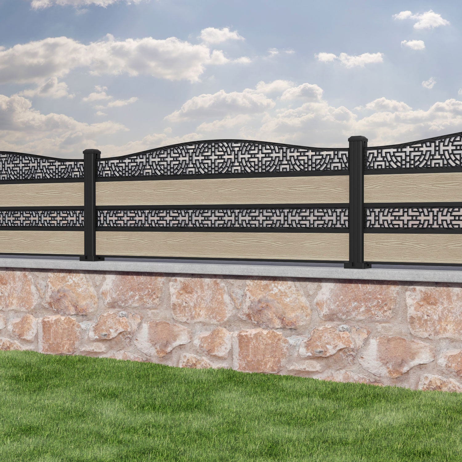 Classic Kumo Curved Top Split Screen Fence Panel - Light Oak Finish with Aluminum Posts - Perfect for Backyard Privacy, Garden Decoration & Patio Partitioning