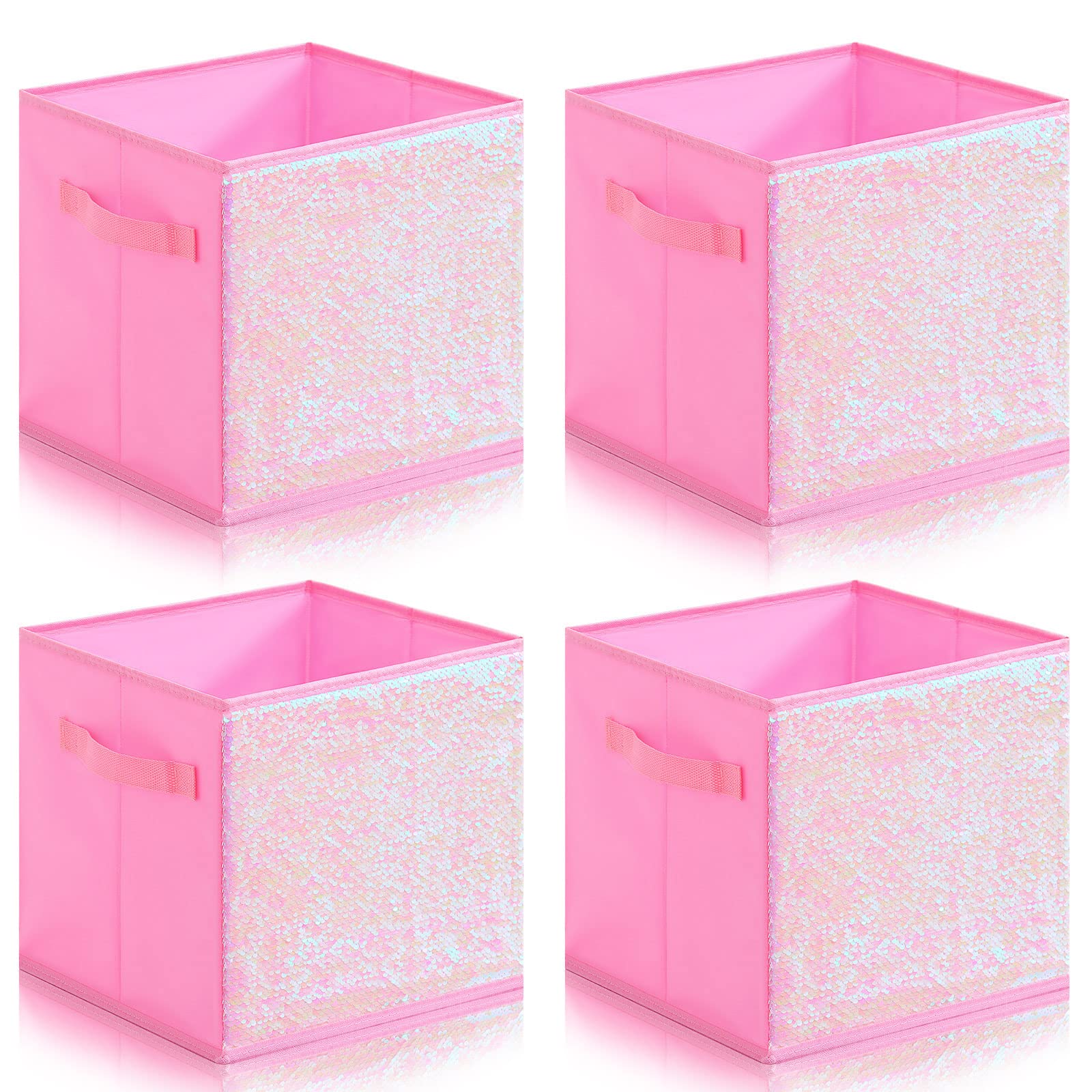 ELUCHANG Foldable Sequin Storage Bins - 11 Inch Cube Organizer Baskets (4 Pack) - Pink Decorative Toy & Closet Storage Boxes for Kids Room, Bedroom, and Home Organization