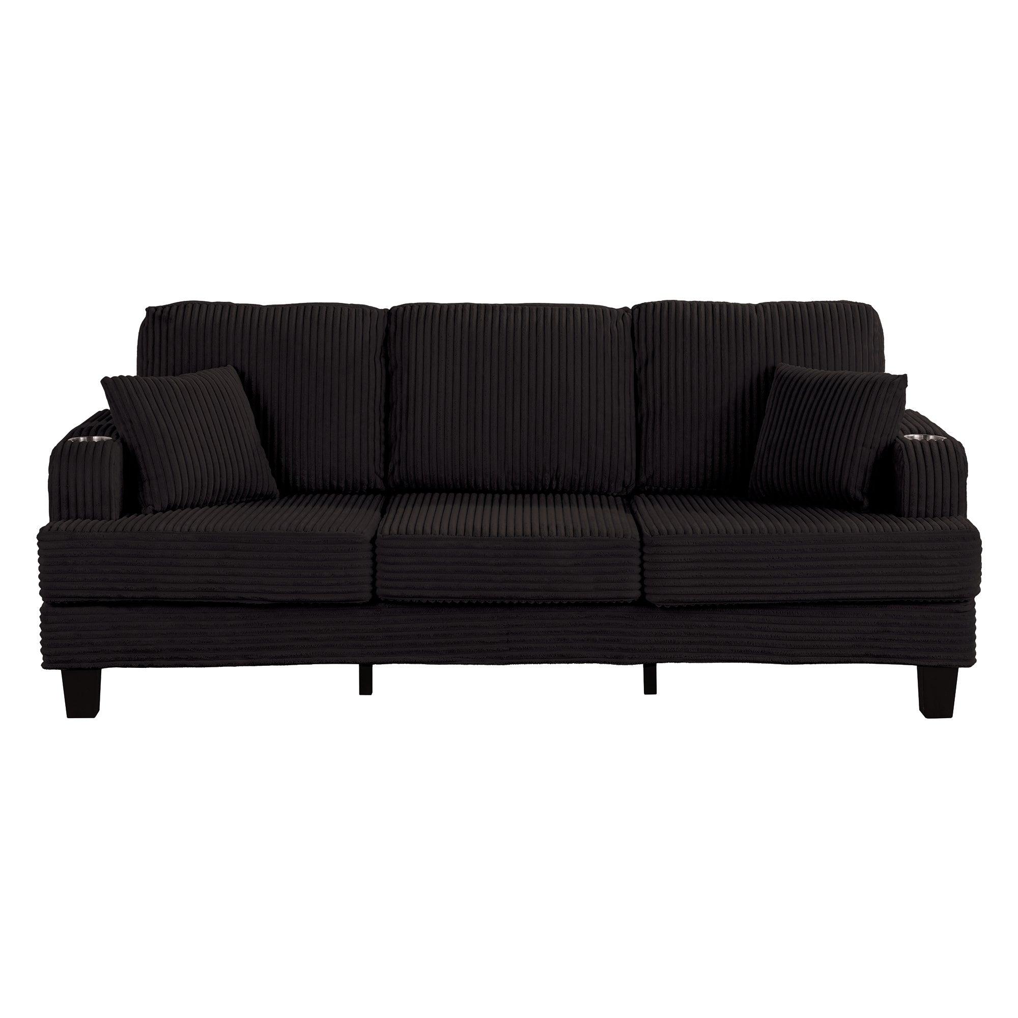 3-Piece Black Sofa Set with Storage Ottoman - Comfy 3-Seater Couch & Loveseat for Living Room | Includes USB Ports, Side Pockets & Throw Pillows | Perfect for Family Gatherings, Movie Nights & Small Space Living