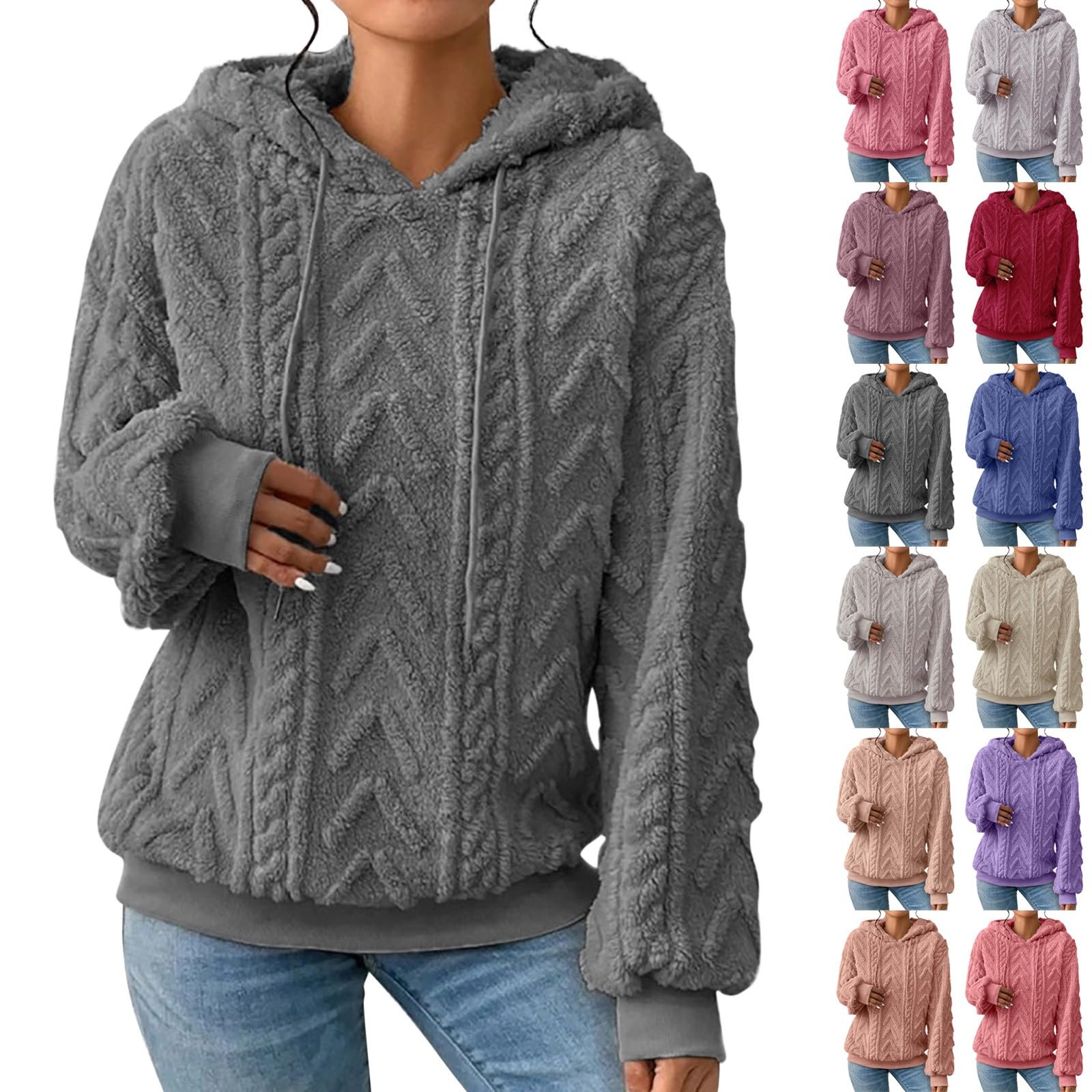 Women's Fleece Hoodie with Drawstring - Thickened Solid Color Long Sleeve Sweatshirt for Autumn & Winter | UK Size | Casual Wear, Outdoor Activities & Lounge