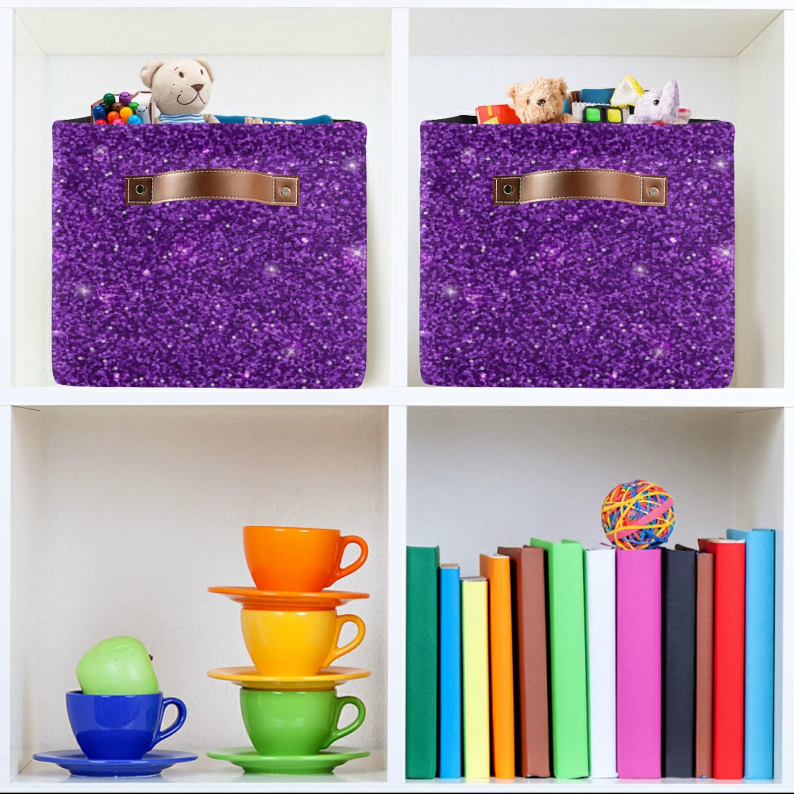 Purple Glitter Sequins Foldable Storage Bin - Collapsible Fabric Storage Basket with Handles for Organizing Toys, Clothes & Home Decor (2-Pack) | Perfect for Nursery, Closet, Bedroom & Office Organization
