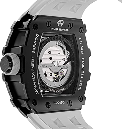 TSAR BOMBA Men's Luxury Automatic Skeleton Watch - Mechanical Tonneau Square Big Face Dial with Silicone Strap - 50M Waterproof Analog Wristwatch for Business, Casual & Formal Occasions