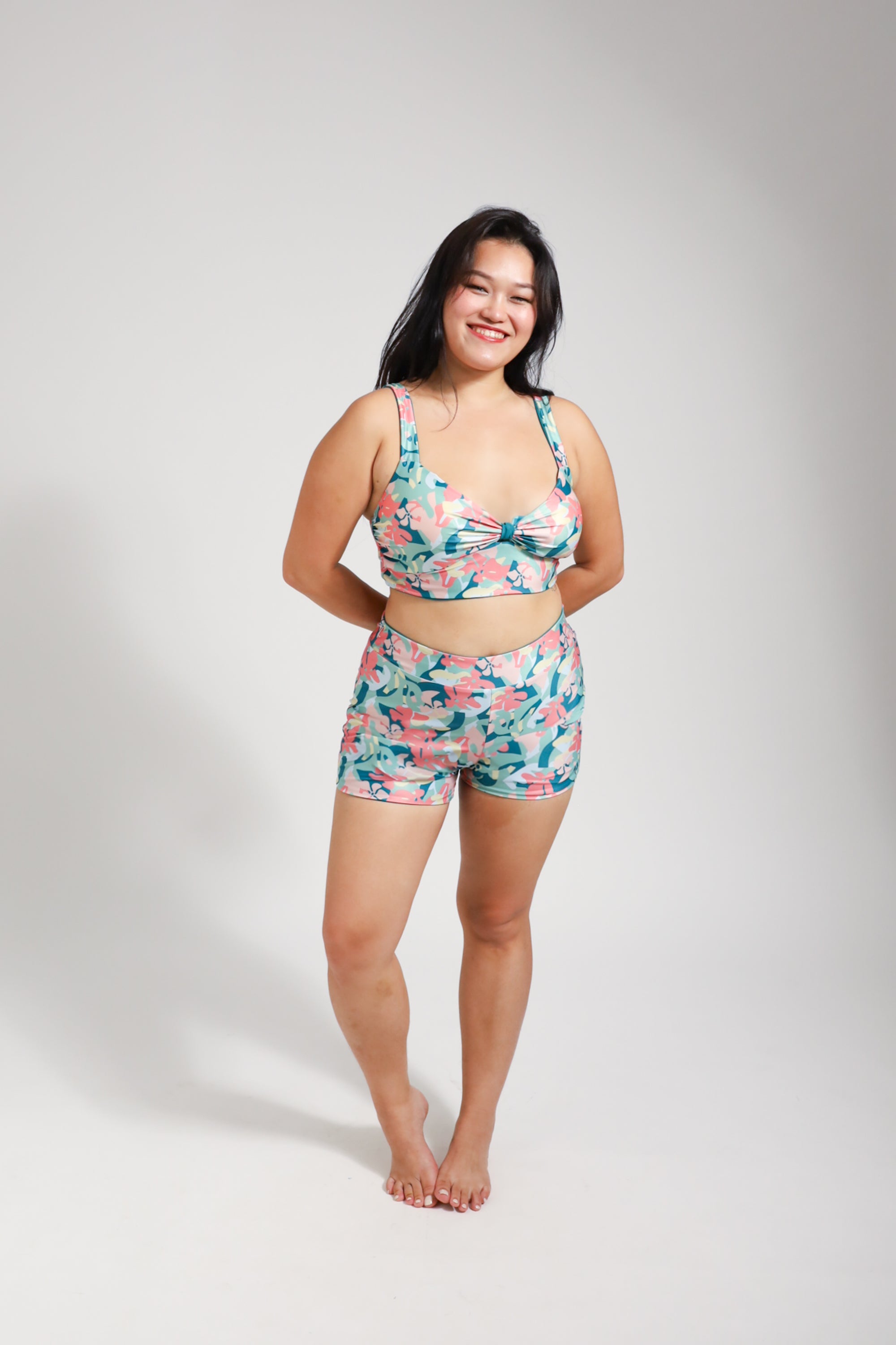 BC High Waist Swim and Sports Shorts - Reversible Teal/Island Drift - Perfect for Swimming, Yoga, Running & Beach Activities