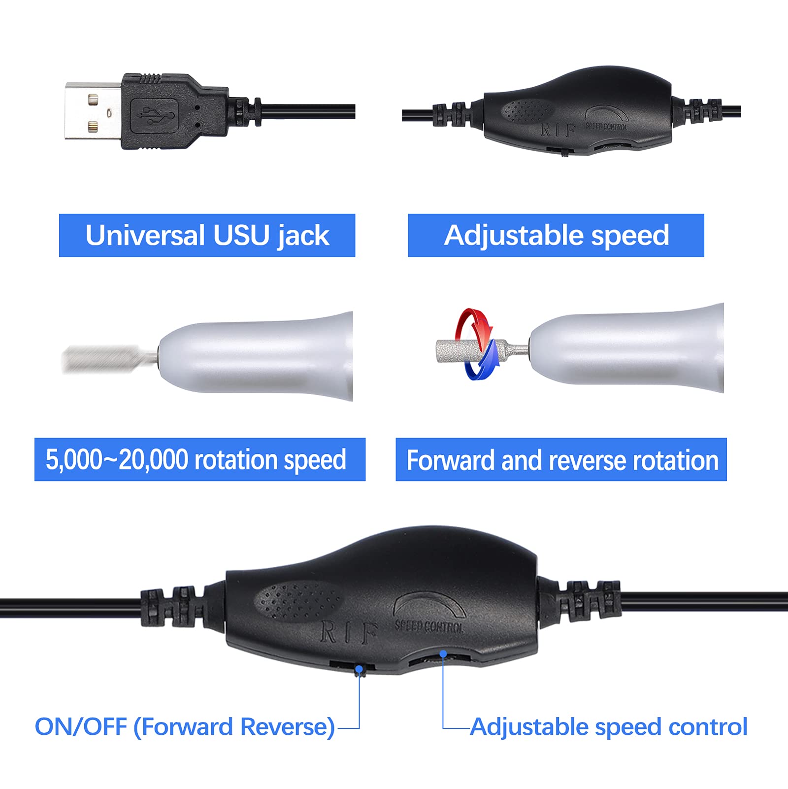 USB Power Electric Nail Grinder Kit - Adjustable Speed Manicure Pedicure Tool with 6 Grinding Heads for Professional Nail Care & At-Home Salon Use - Perfect for Nail Art, Callus Removal & Foot Care