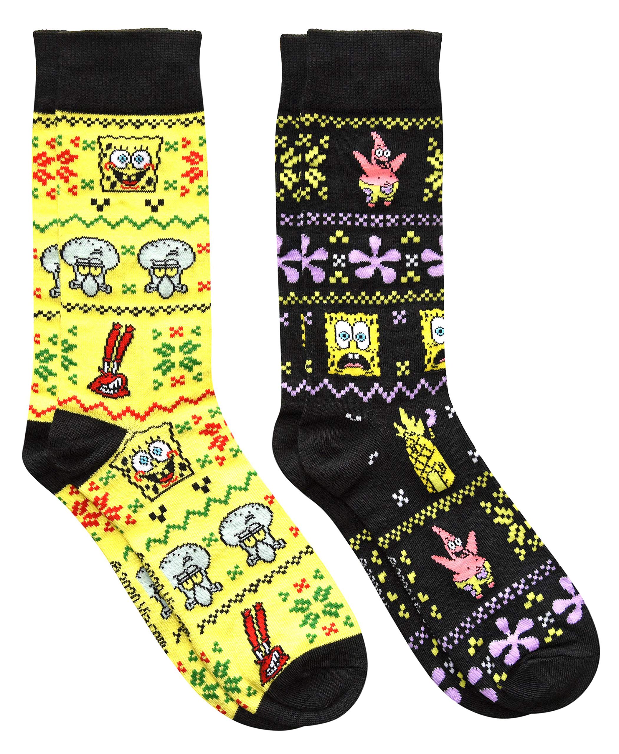 Spongebob Squarepants & Patrick Christmas Socks - 2 Pairs Ugly Sweater Pattern Crew Socks for Holiday Gifts, Xmas Party Outfits & Winter Cosplay