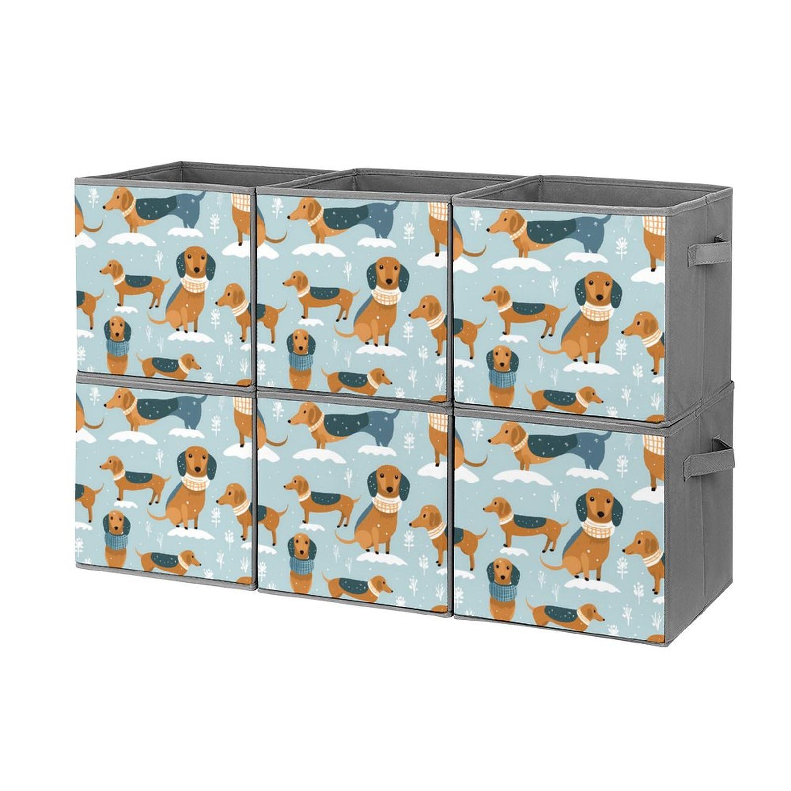 Cute Dachshund Foldable Storage Bins & Organizers - 6-Pack Square Storage Baskets with Handles for Closet, Nursery, Playroom & Office Organization