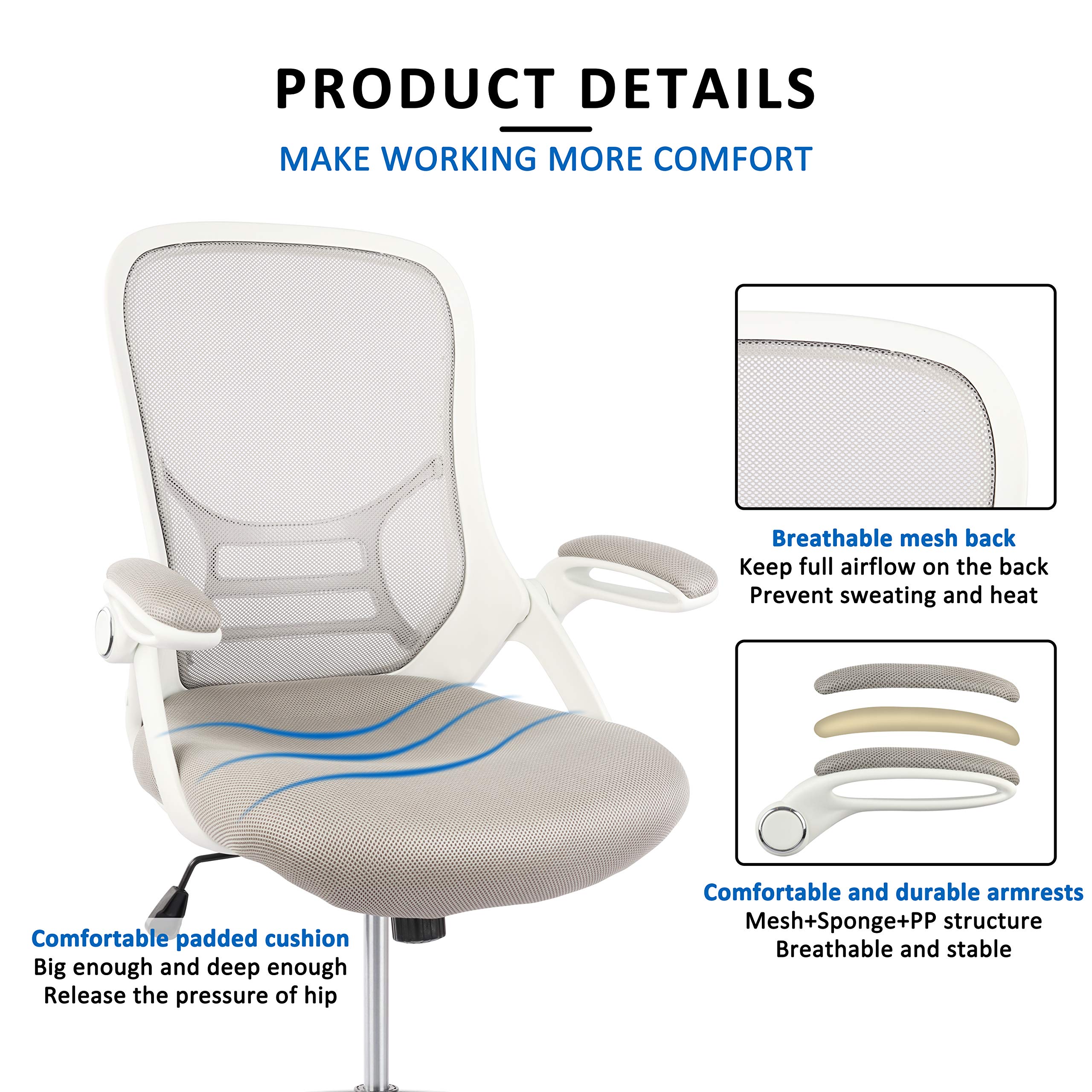 HYLONE Adjustable Drafting Chair - Ergonomic Tall Office Chair with Flip-Up Arms, Mesh High Back & Foot Ring for Standing Desks - White & Grey - Perfect for Architects, Artists & Home Office Workspaces