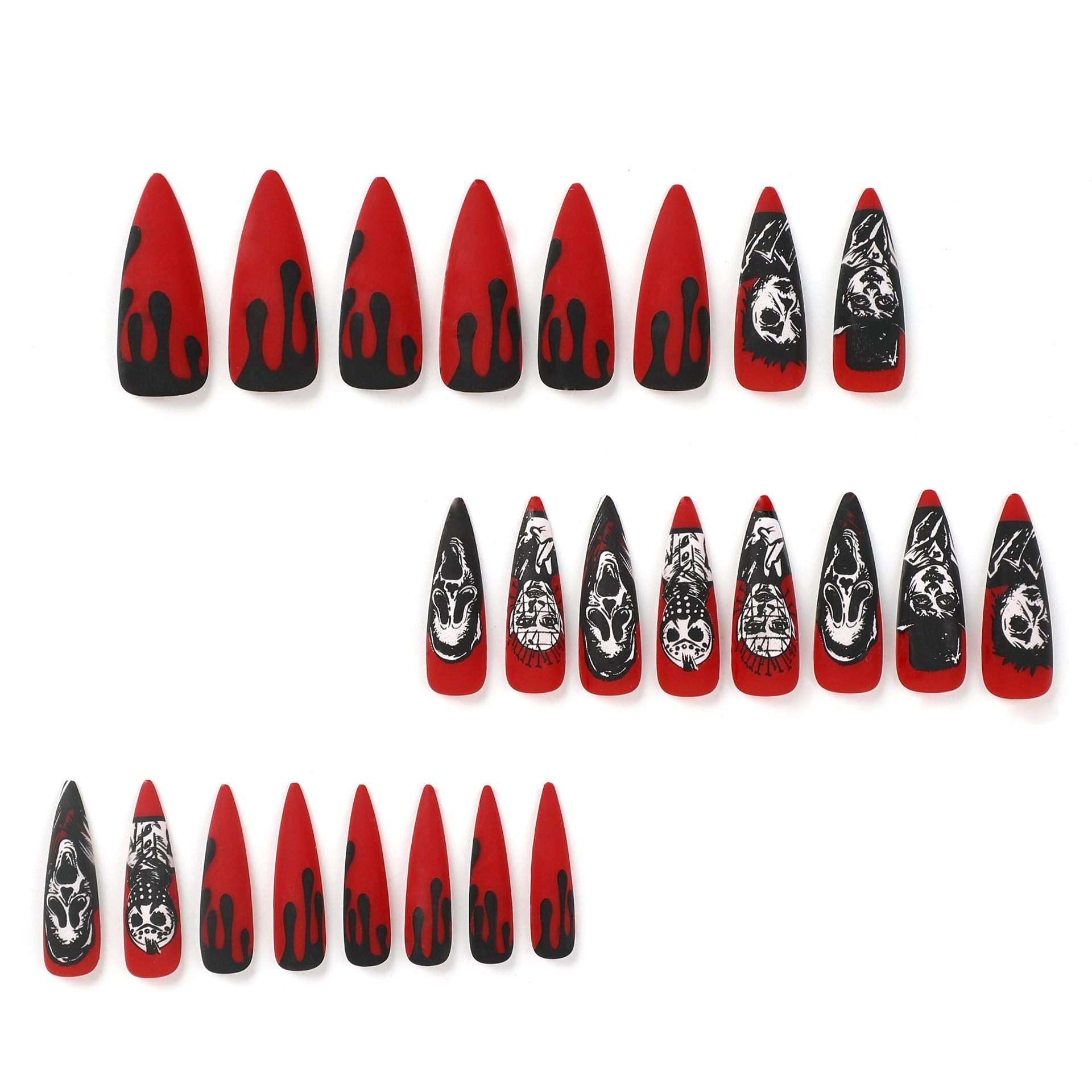 Halloween Nail Art Kit - 24pcs Red & Black Skeleton Ghost Press On Nails | Long Lasting Full Cover False Nails for Halloween Party, Cosplay & Spooky Manicure