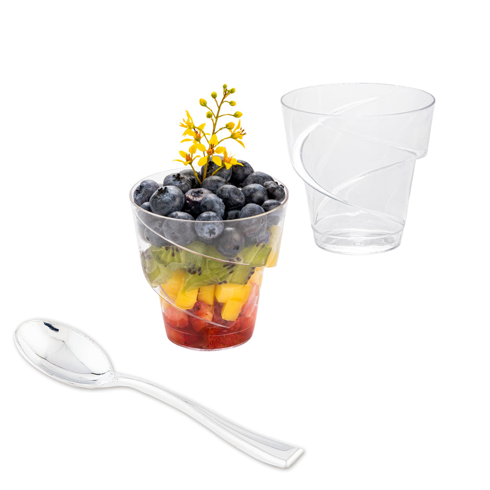 100 Pack 5 oz Clear Plastic Mini Flourish Cups with 100 Silver Plastic 4