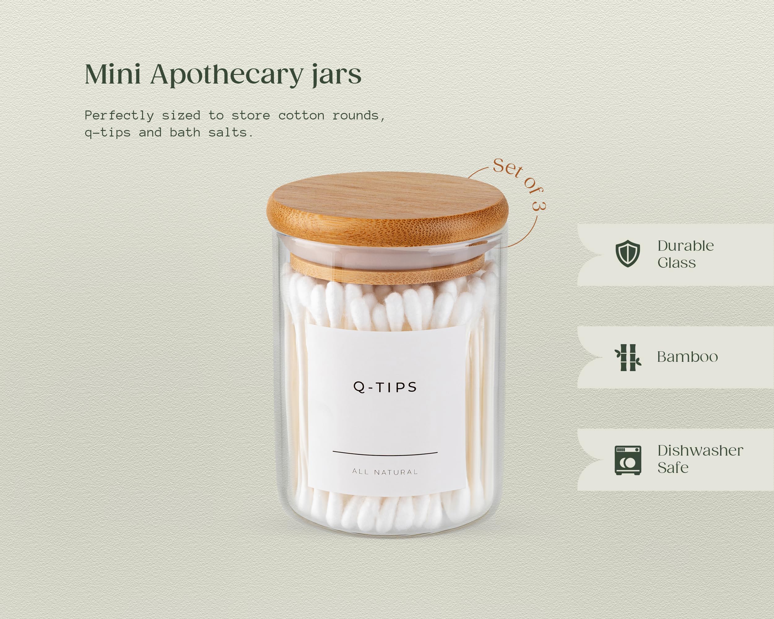 Mini Glass Apothecary Jars with Bamboo Lids - 10 oz Set of 3 | Bathroom & Kitchen Storage Containers for Cotton Balls, Pads, Swabs | Perfect for Vanity Organizer, Countertop Decor, Spice Jars & DIY Craft Supplies