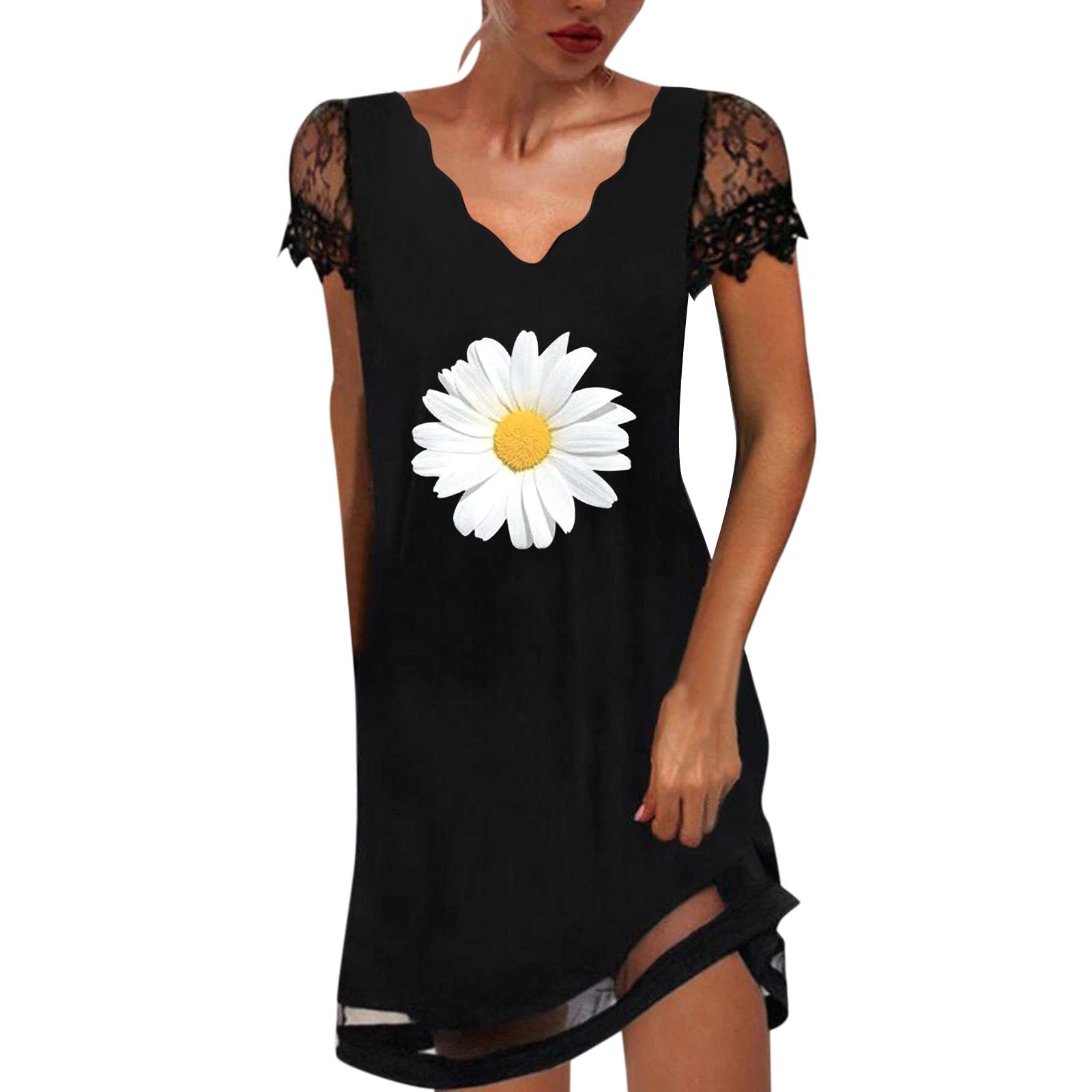Smileyth Women's Floral Lace Short Sleeve Maxi Dress - Beach Cover Up, Summer Casual Loose Fit Long Dress with Shoulder Cutout for Vacation, Party & Outdoor Activities