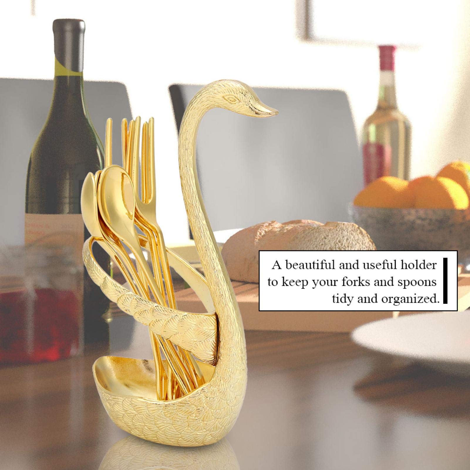 Elegant Swan-Shaped Metal Flatware Set - 3 Forks & 3 Spoons with Gold Holder for Coffee, Dessert, Dinner & Fruit | Stylish Tableware for Parties, Weddings & Home Decor