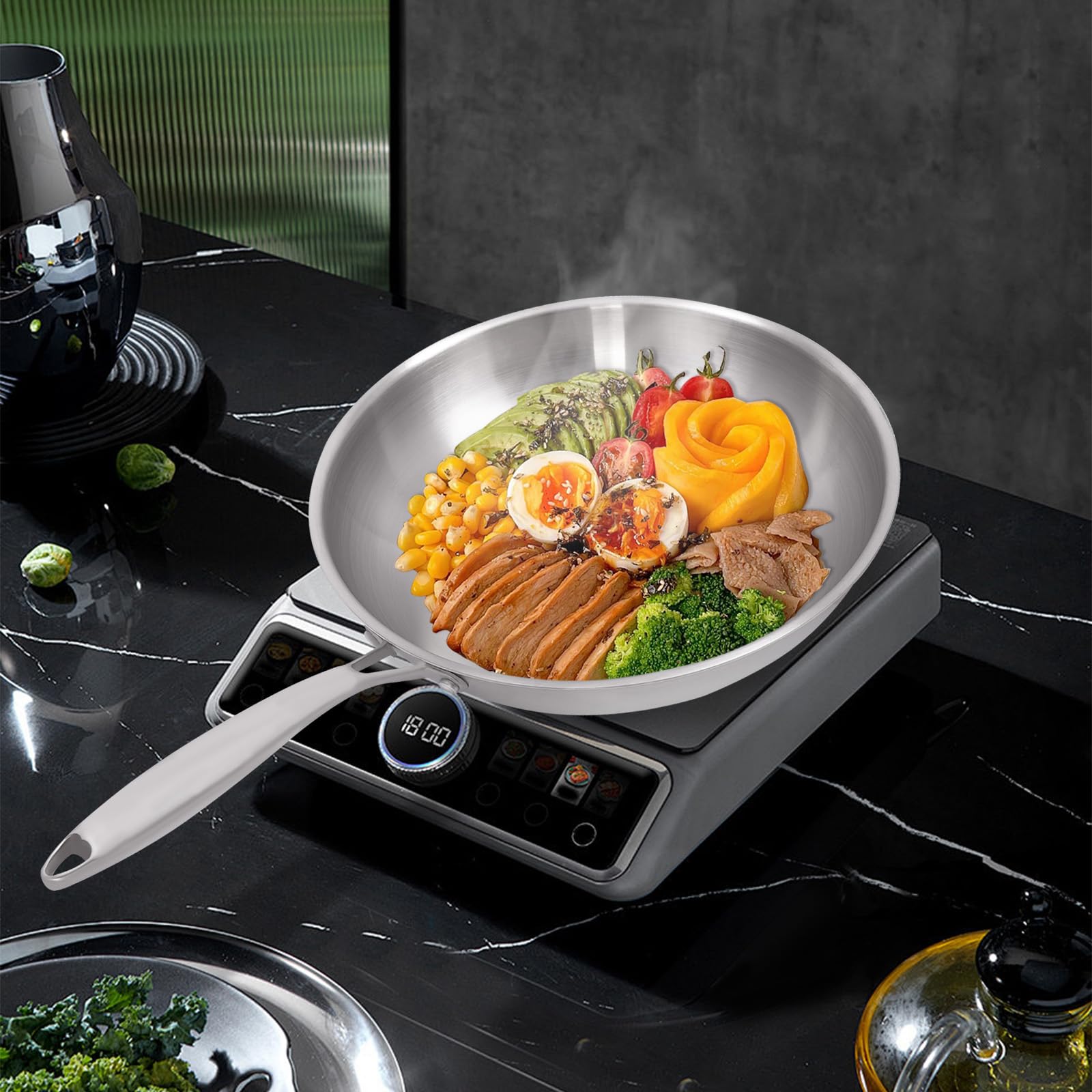 30cm Duoruameng Stainless Steel Induction Wok Pan with Tempered Glass Lid - Compatible with Gas & Induction, Easy to Clean - Perfect for Stir-Frying, Sautéing & Asian Cooking