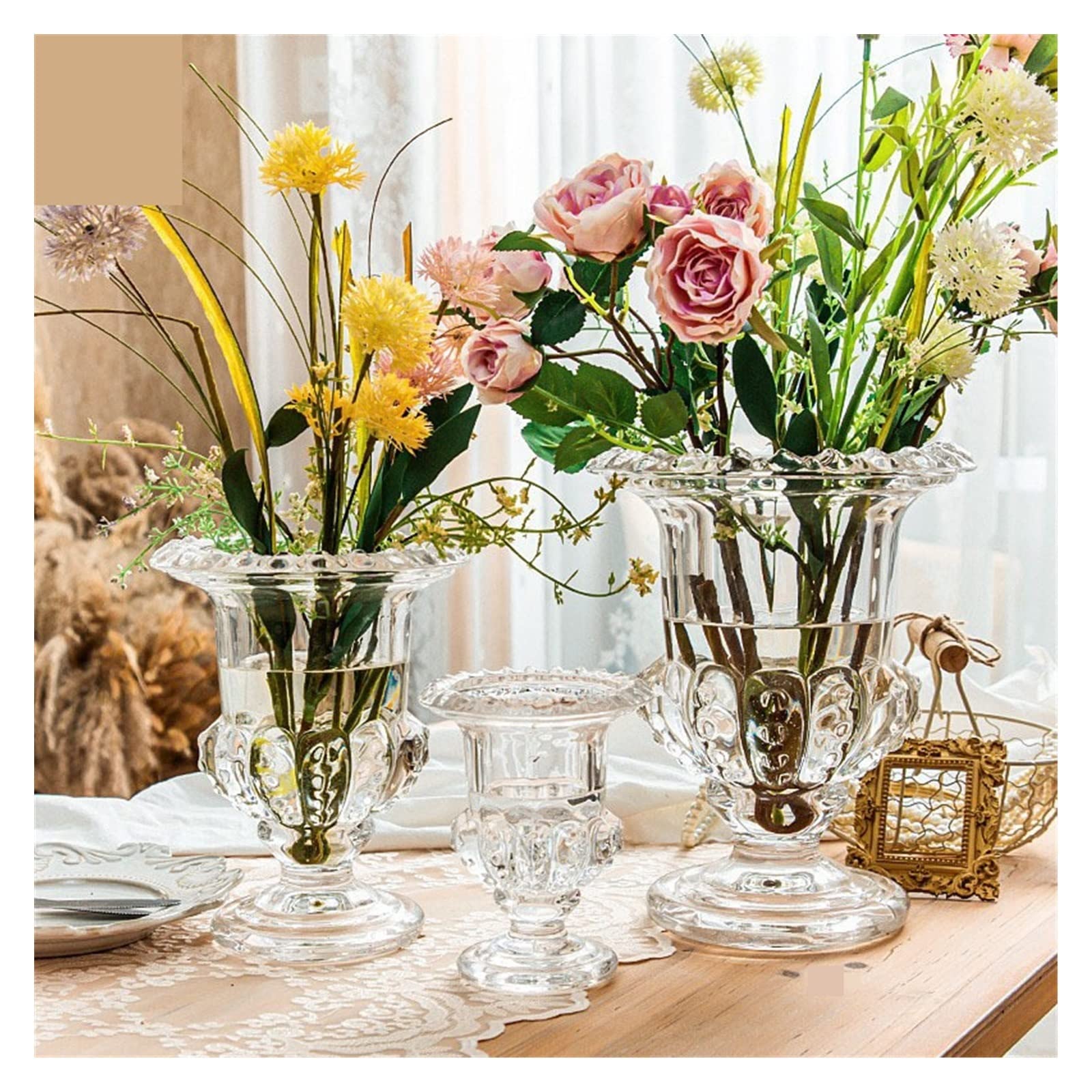 3-Piece European-Style Clear Glass Tall Vases - Elegant Centerpiece for Weddings, Home Decor & Hotel Table Settings - Minimalist Crystal Footed Vase Set for Floral Arrangements & Event Decorations (Clear-3pcs)