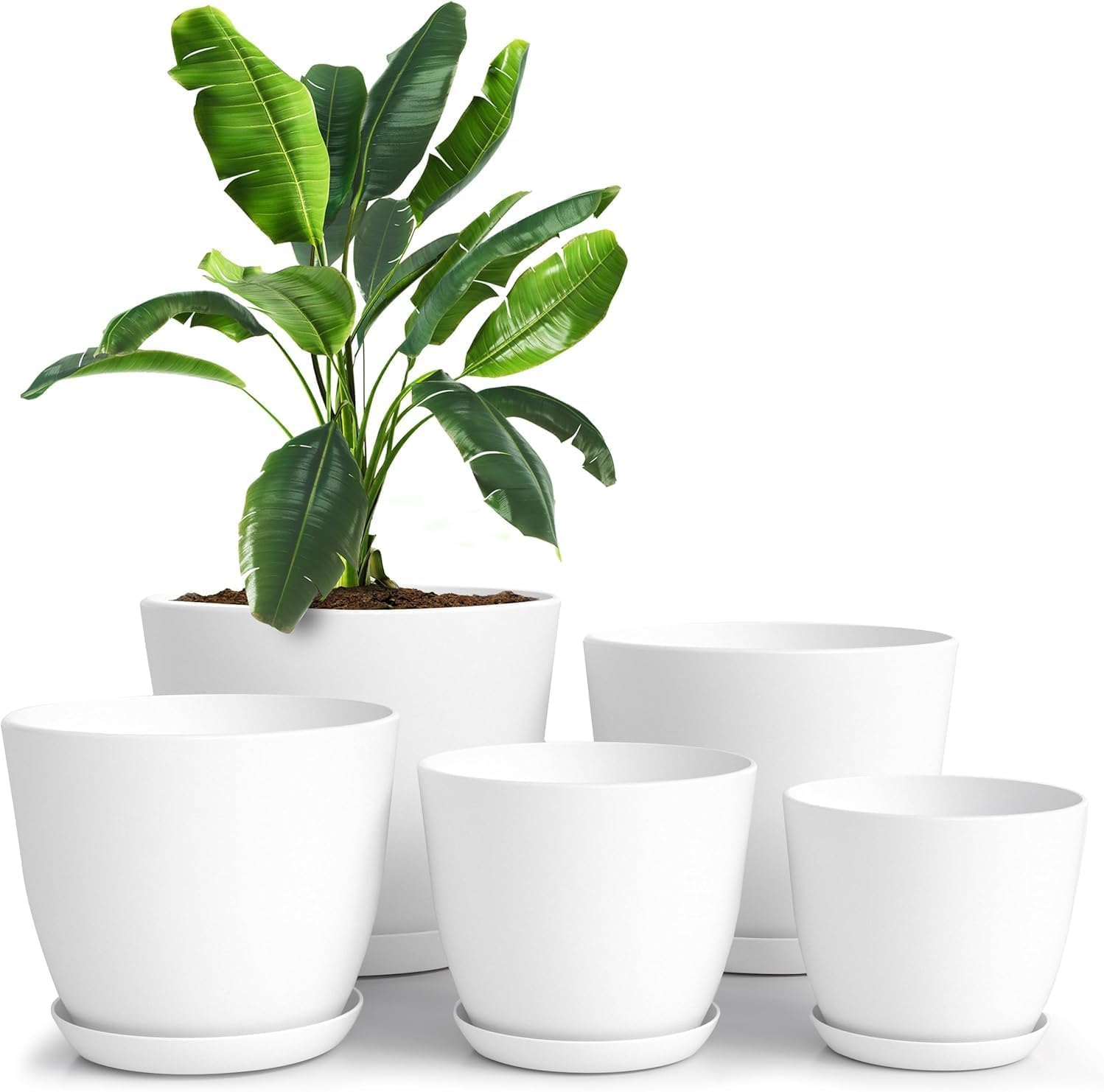 Utopia Home 5-Pack White Plastic Plant Pots with Drainage - 7/6.6/6/5.3/4.8 Inch Indoor Flower Planters for Succulents, Herbs & Houseplants - Perfect for Home Decor, Christmas Stocking Stuffers & Gardening Gifts