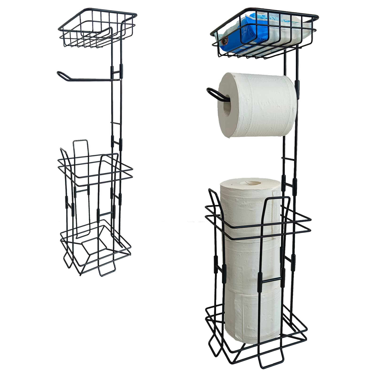 LUFORE Freestanding Paper Towel Holder with Basket - 4 Roll Bathroom Organizer for Paper Towels, Wet Wipes, Phones & Decorative Items (Black) | Perfect for Kitchen Counter, Bathroom Vanity & Laundry Room Storage