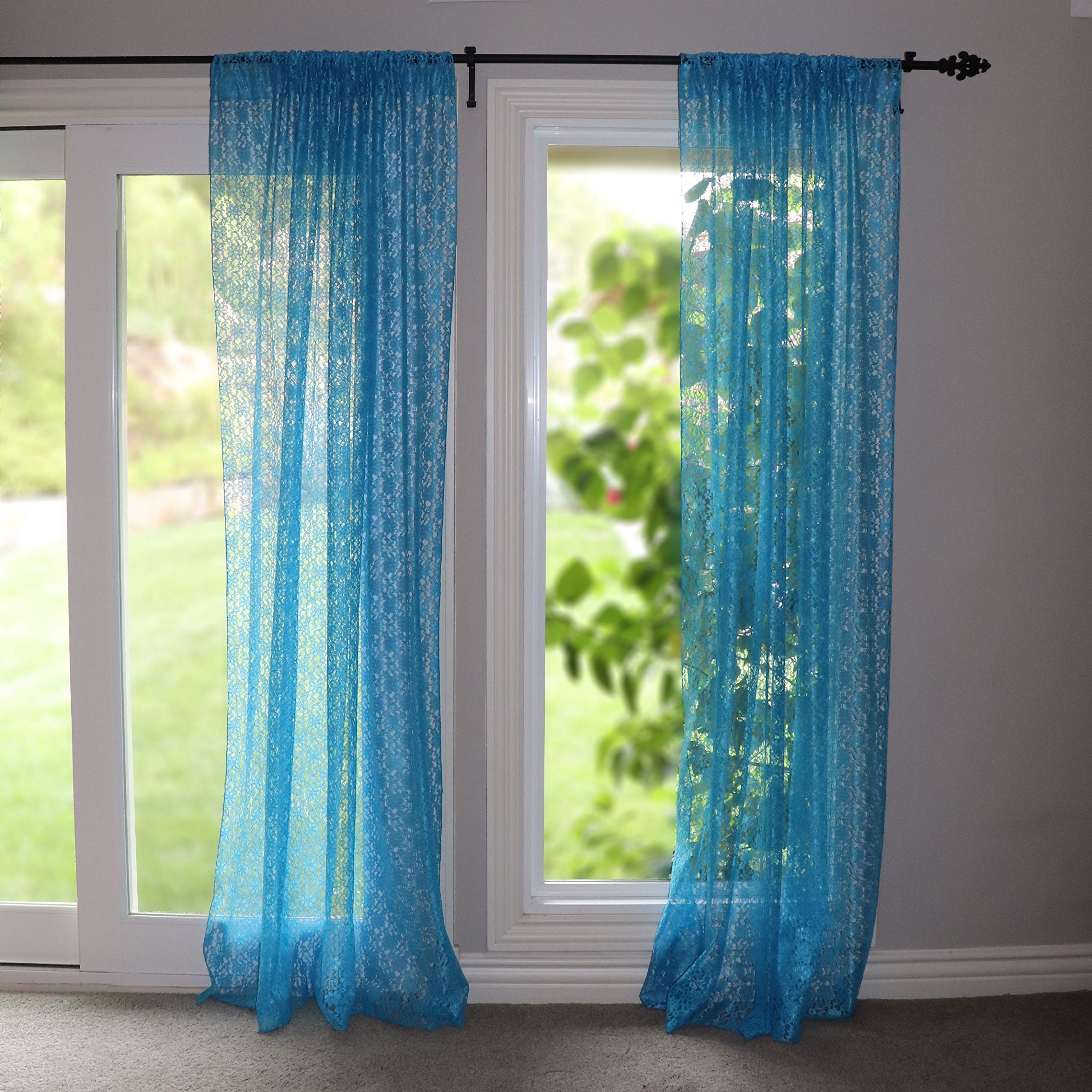 Floral Lace Curtain Panel - Sheer Turquoise Window Decor for Bedroom & Kitchen