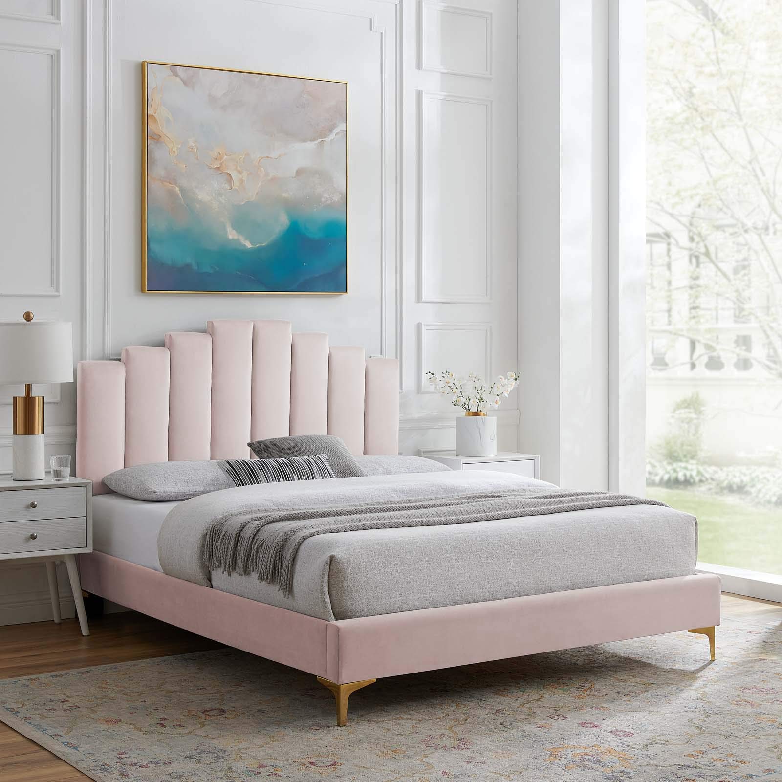 Modway Elise Channel Tufted Performance Velvet King Platform Bed - Pink Velvet Upholstery with Gold Metal Legs - Luxury Bedroom Furniture for Master Suite & Guest Room
