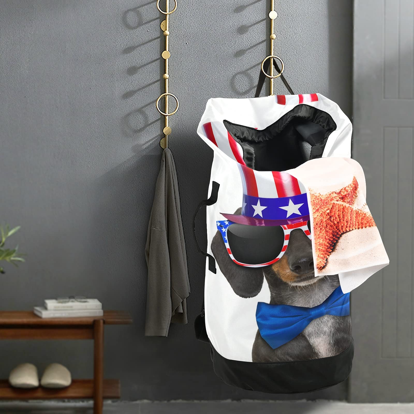 Dachshund Sausage Dog USA Flag Backpack - Adjustable Shoulder Straps Laundry Bag & Drawstring Hamper Basket for Dirty Clothes, Toy Storage - Perfect for Dorm, Travel, Camping & Pet Lovers