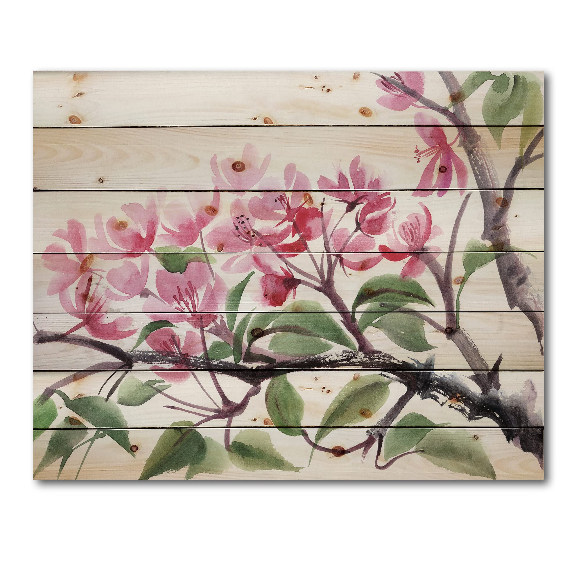 DesignQ Pink Blossoming Tree Traditional Wood Wall Decor - Large Floral Wood Wall Art Panel Printed on Natural Pine - Perfect for Living Room, Bedroom, Nursery & Office Decor