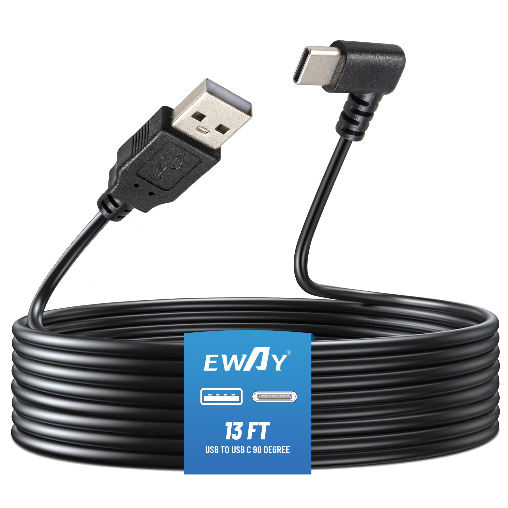 EWAY 13ft USB C Dash Cam Power Cord - USB 2.0 A to Type-C 90 Degree Right Angle Charging Cable for Dash Cameras, Backup Cameras & Car Recorders - Durable Car Charger Adapter for Front/Rear View Mirror & Dashboard Cameras (Perfect for Long Distance Wiring & Hidden Installation)