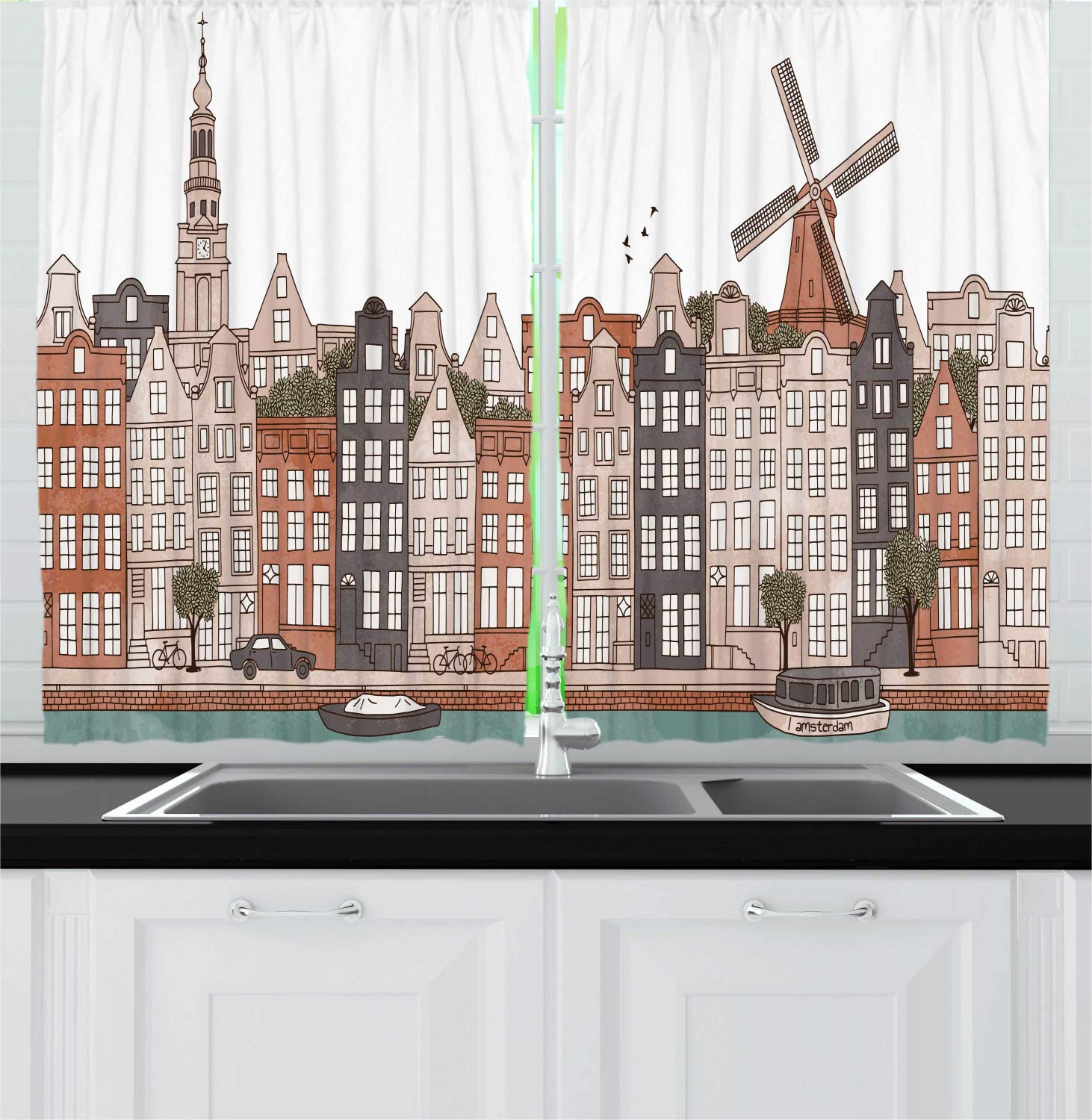 Ambesonne Amsterdam Kitchen Curtains - Old Netherlands Historical Buildings European Art Window Drapes, 2 Panel Set for Kitchen & Cafe Decor, 55 x 39 Inches, Beige Burst Sienna Taupe & Cadet Blue - Perfect for Dutch-Themed Kitchens, European Cafes & Vintage Home Decor