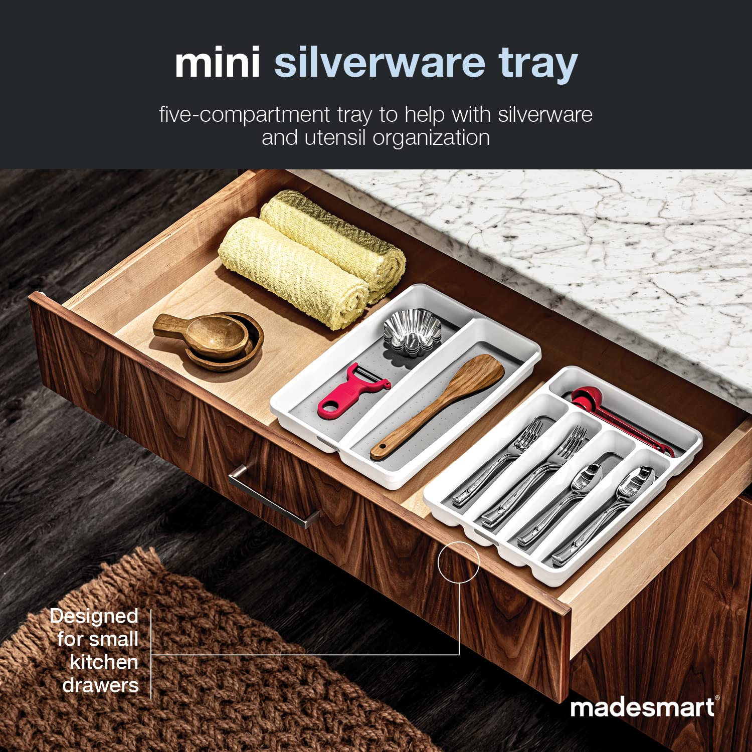 Madesmart Mini Silverware Tray - White Plastic Drawer Organizer for Kitchen & Office Storage