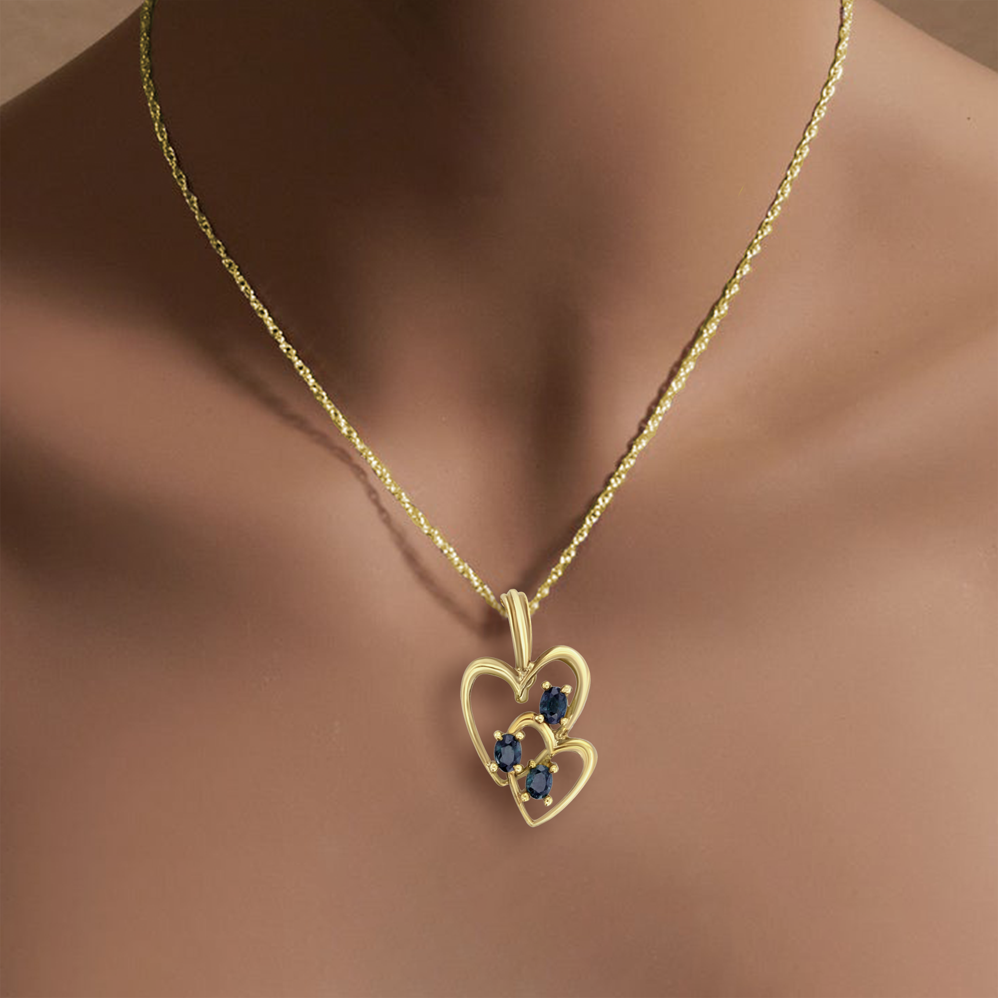 Double Heart Sapphire Gold Necklace for Women - 14K Solid Gold Pendant with Genuine Sapphire Stones - Perfect Gift for Anniversary, Valentine's Day & Special Occasions