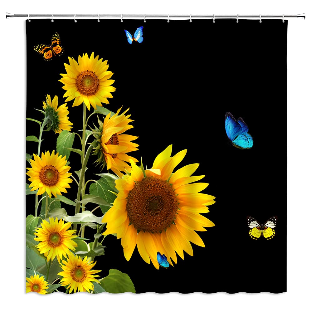 WZFashion Sunflower Shower Curtain - Vintage Floral Bathroom Decor with Rustic Farmhouse Design, Yellow Flowers & Green Leaves on Natural Fabric (70
