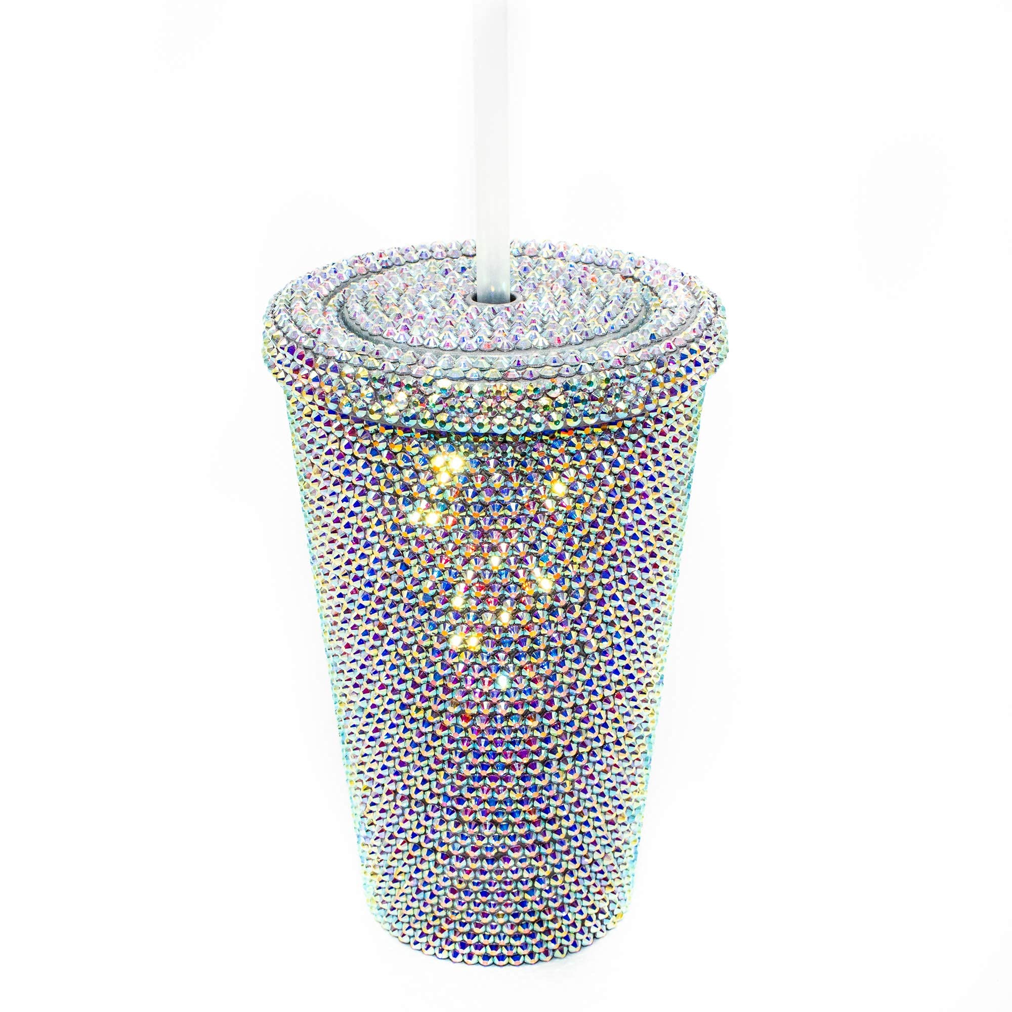 Premium Swarovski Crystal Tumbler with Lid - Hand-Placed AAA+ Grade Crystals, Luxury Bling Cup for Women, Rainbow Studded Glitter Tumbler - Perfect for Parties, Bridal Showers & Gift Giving