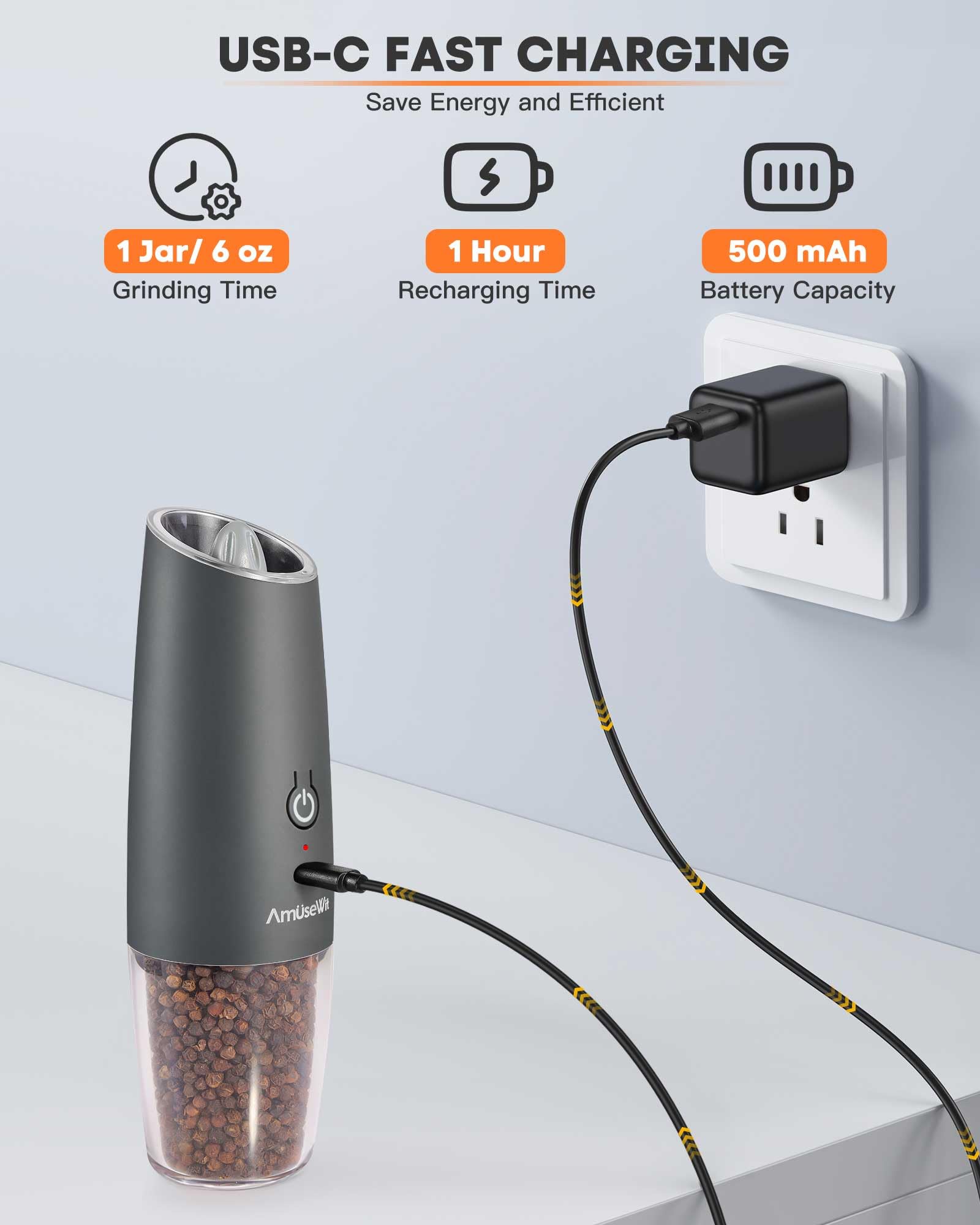 AmuseWit USB Rechargeable Electric Salt and Pepper Grinder Set - Adjustable Coarseness, One-Handed Operation, Cool Gray & White Light - Perfect for Kitchen, Dining Table, Camping, and Gifts