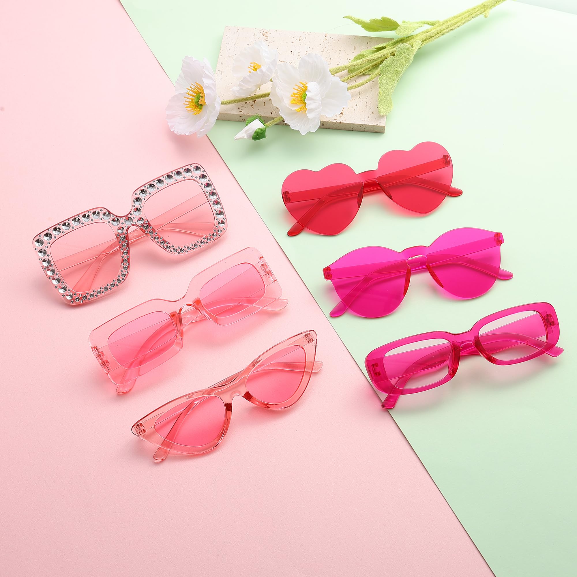 Dwenarry 8/12 Pack Pink Rectangle Sunglasses Bulk - 90s Trendy Heart-Shaped Transparent Sunglasses for Women | Perfect for Parties, Beach Outings, and Summer Fashion Accessories