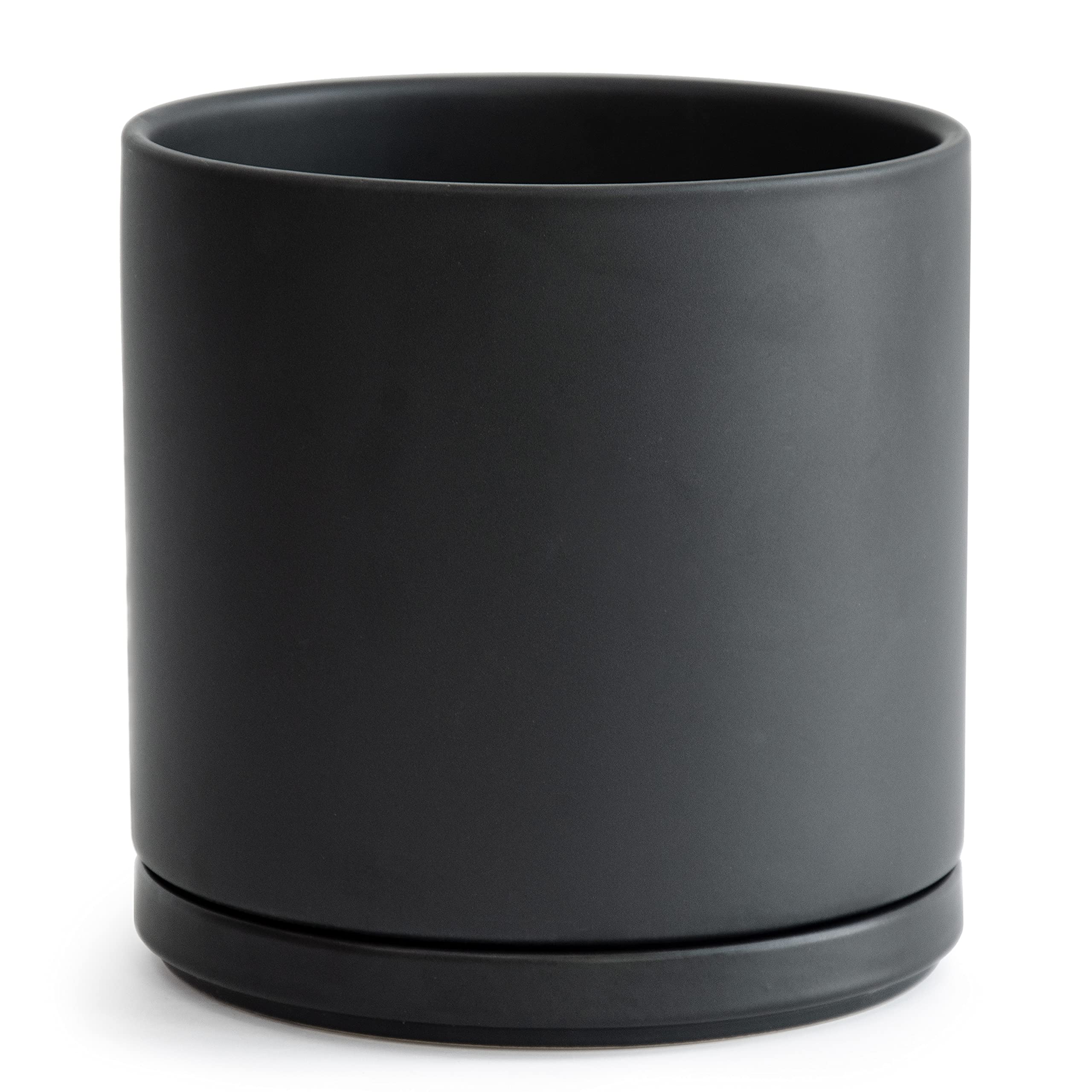 D'vine Dev 10 Inch Ceramic Flower Pot with Drainage Hole & Saucer - Modern Round Indoor Plant Pot for Home Decor, Office, Living Room - Black (94-O-E-2)