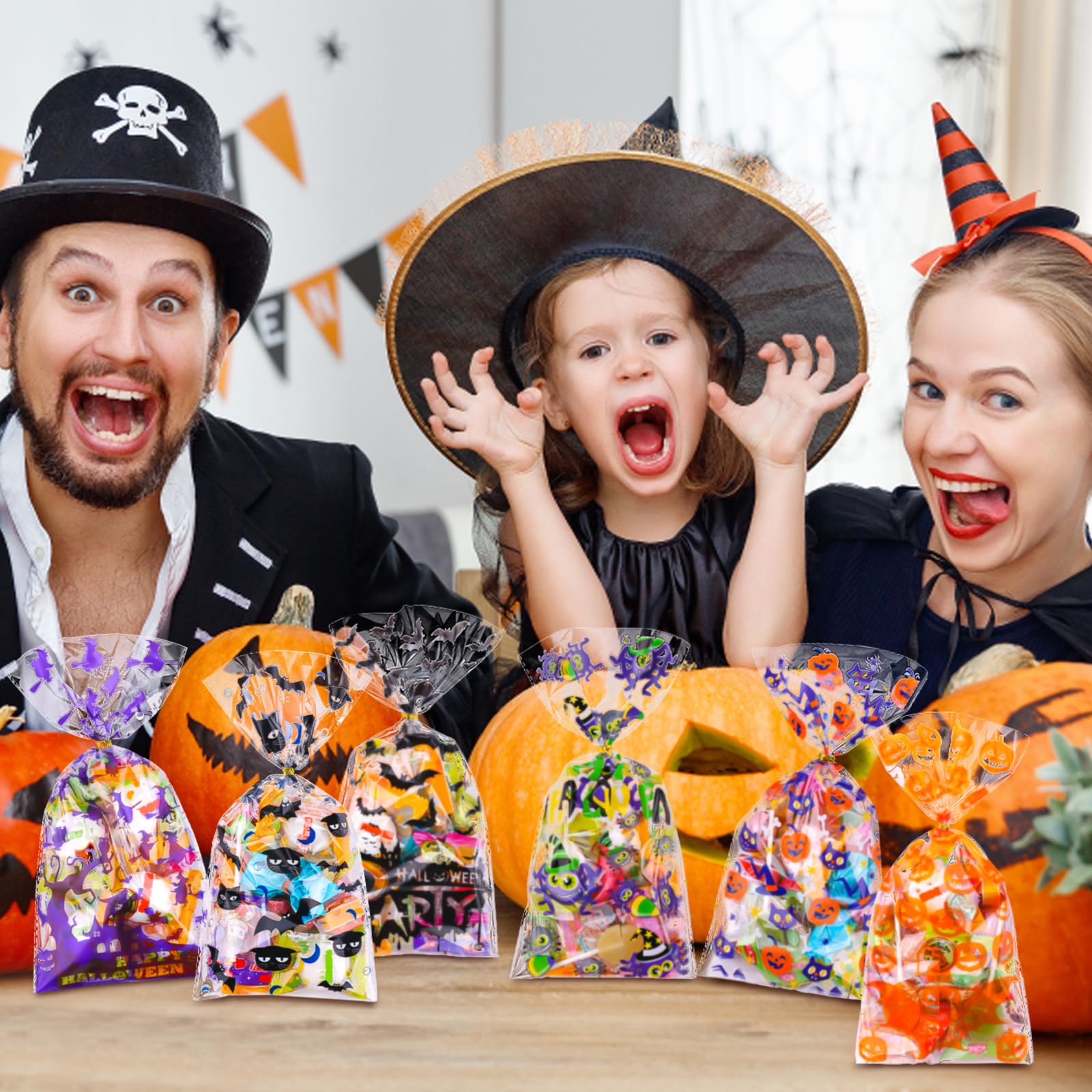 150pcs Halloween Cellophane Treat Bags with Spider & Bat Design - Includes Twist Ties for Candy, Goodie Bags - Perfect for Trick or Treat Party Favors, Halloween Candy Distribution & Classroom Treats